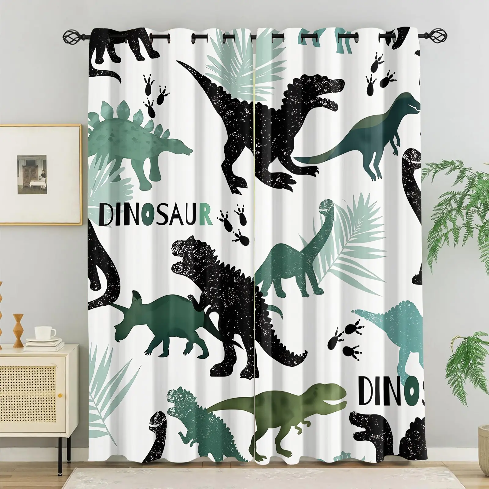Dinosaur Theme Print Curtains Black Out 2Pcs, No-Hole Ring Design, Washable Polyester, Bedroom Living Room Kids Room Heat Insulation, UV Protection, Fresh and Playful style Home Decor, Blackout Curtains, Window Drapes
