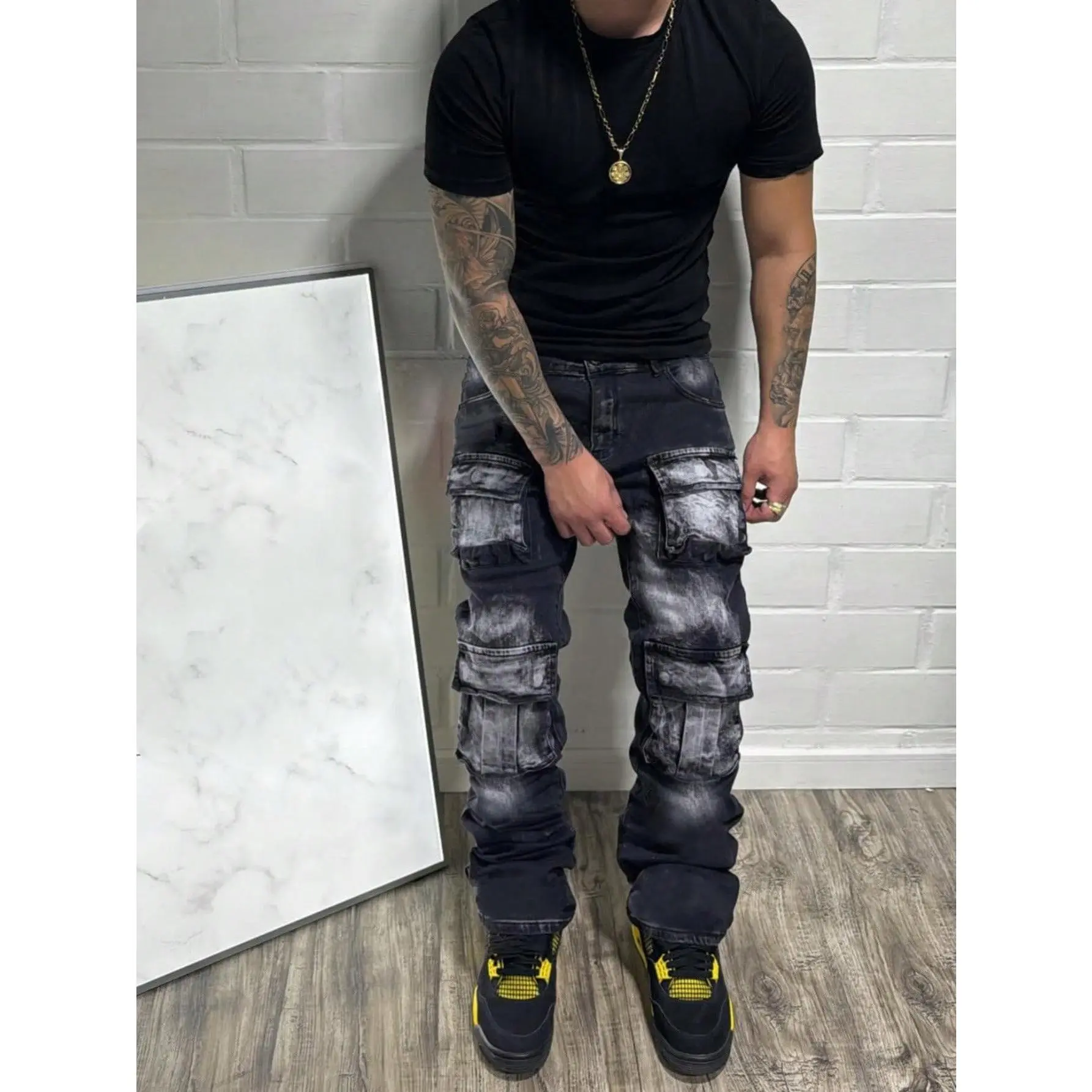 Y2K Black Faded Stacked Cargo Pants Men, Distressed Multi Pocket Flare Denim Jeans, Hip Hop Vintage Street Style Trousers