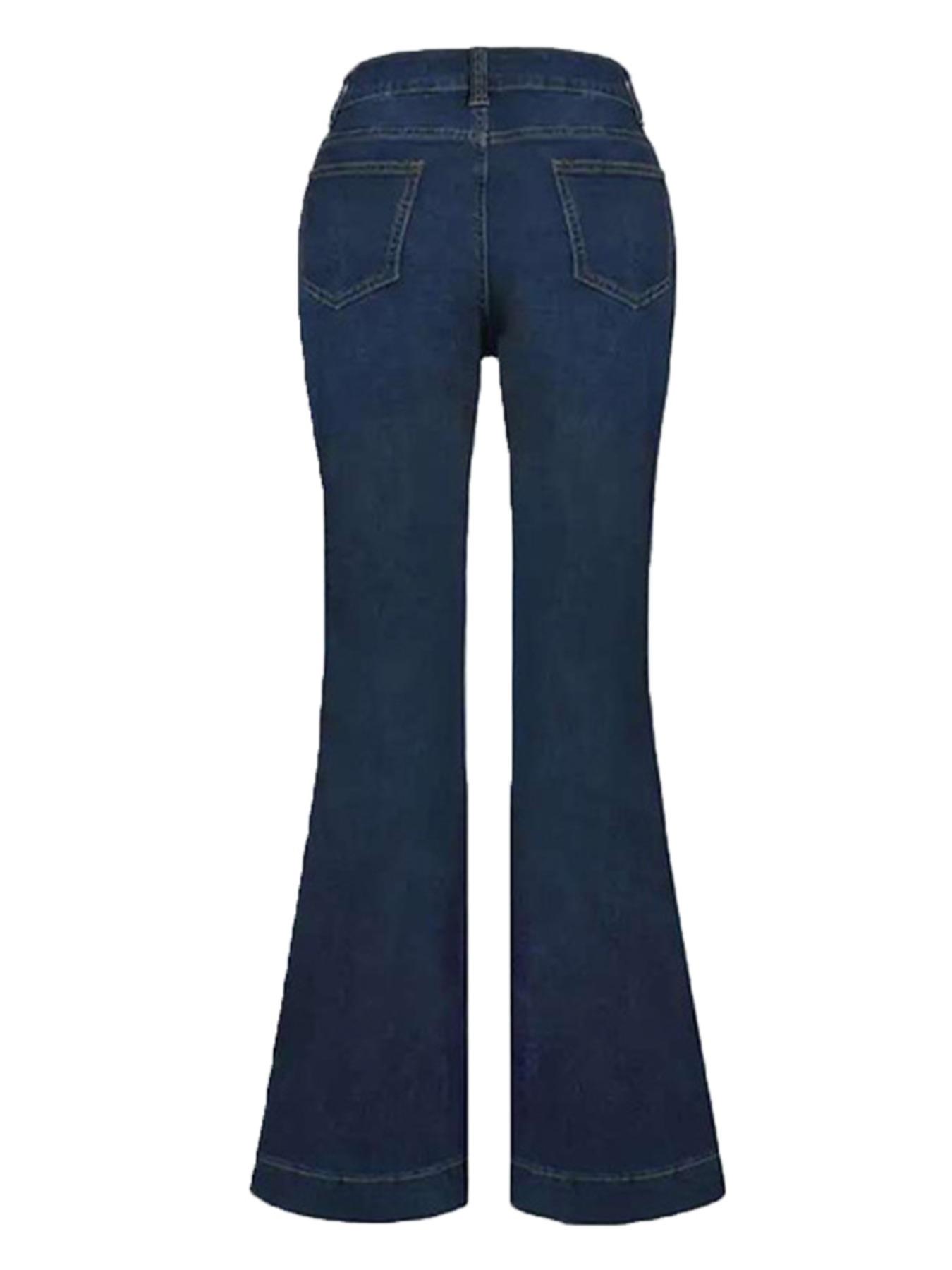 Women's Plain Flare Leg Jeans with Button & Pockets , Casual Bell Bottom Trousers for Daily Wear, Ladies Bottoms for All Seasons
