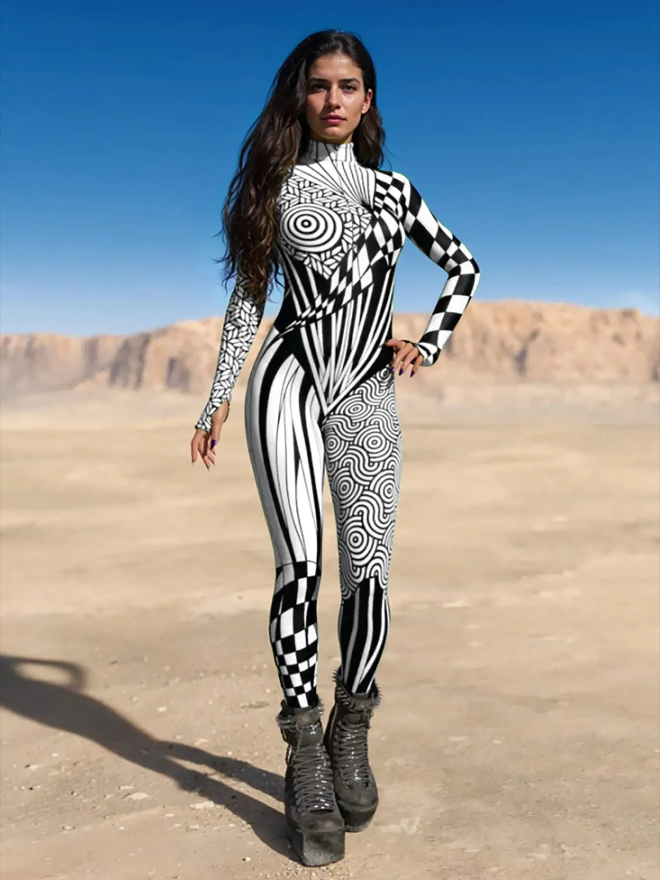 Women's Tight Sexy Bodysuit, Y2K Cyberpunk Style, Geometric Illusion Print, Glow-In-The-Dark Party Costume, Halloween Festival