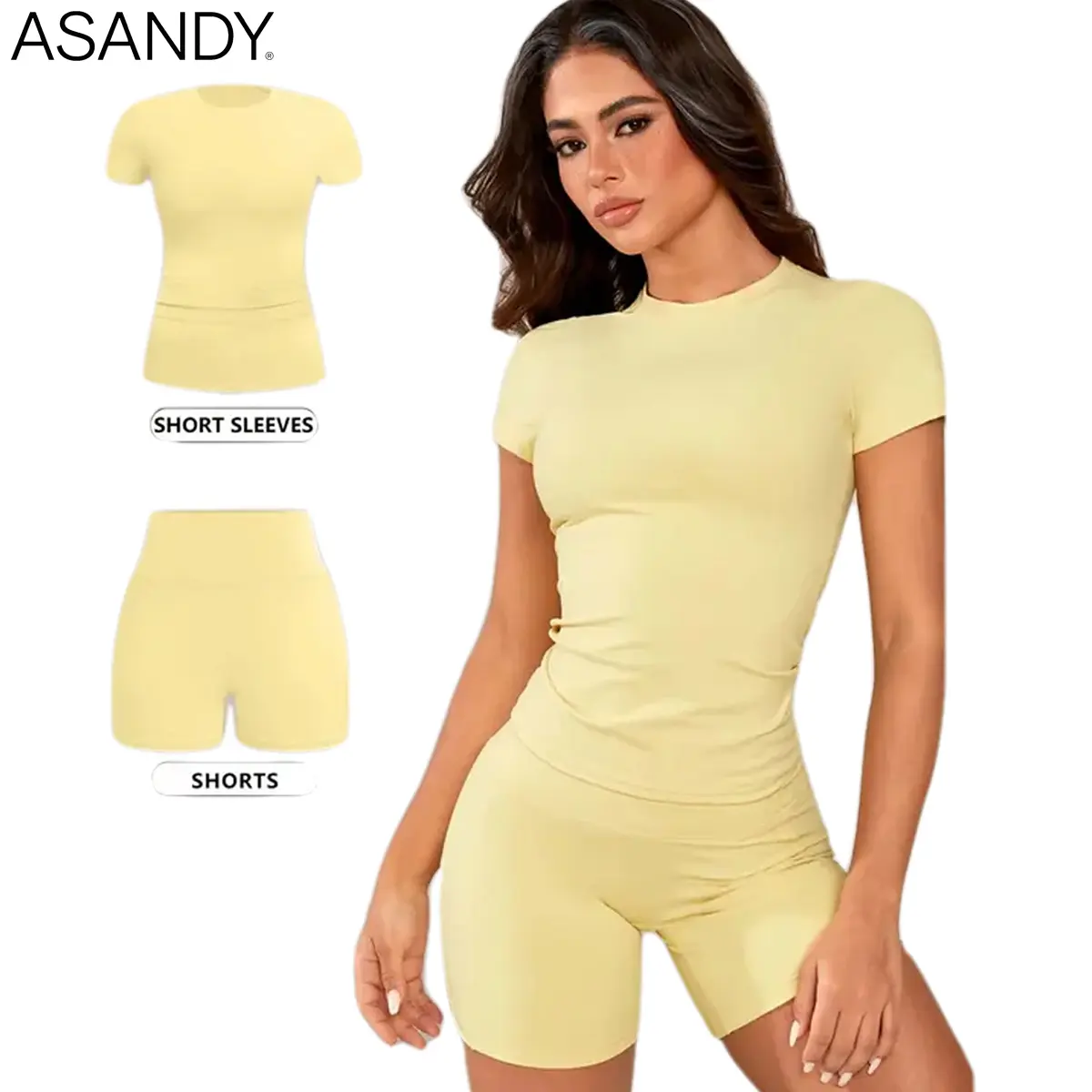 ASANDY 2 Piece Sports Set for Women Solid Color Breathable T Shirt High Waisted Fitted Shorts Ideal for Yoga Gym Workouts, 2 Piece Sets, Women's 2 Piece Set