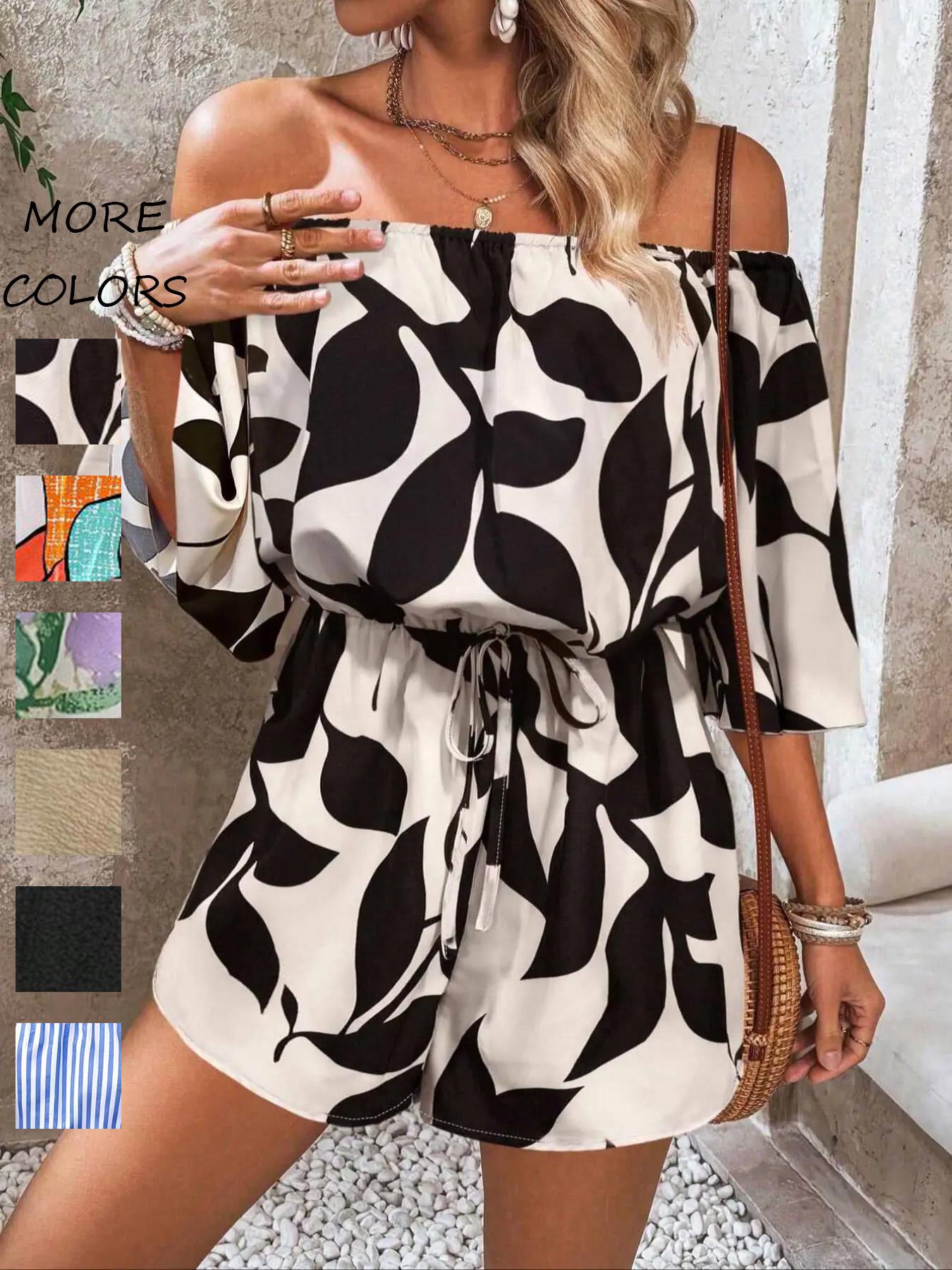 Women's Leaf Print Off Shoulder Tie Front Romper, Casual Flounce Sleeve Romper for Summer, Fashion Women's Clothing for Beach Holiday Vacation Jumpsuit