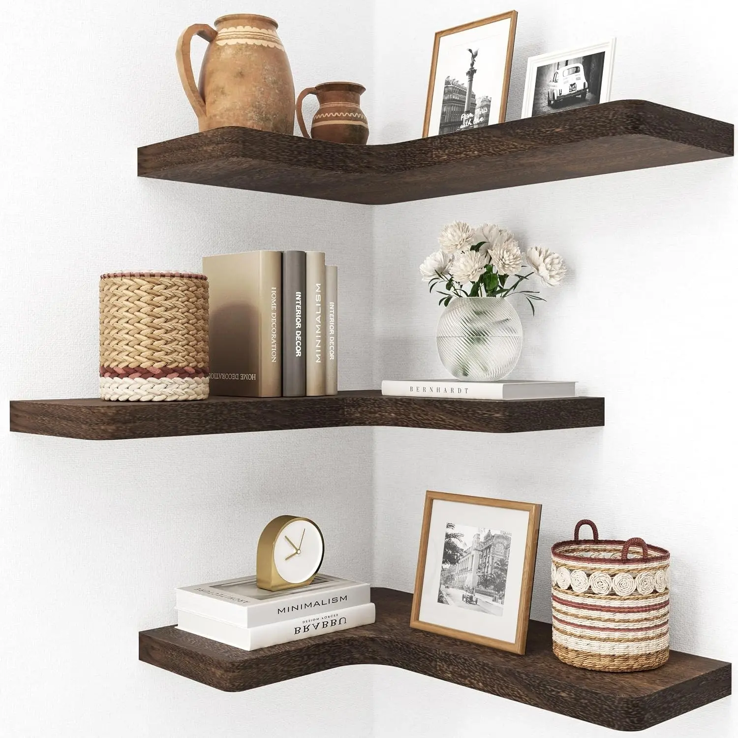 Floating Corner Shelves, Wall Shelf Set of 3, Wall Mount Solid Wood Display & Storage Shelves for Bathroom Bedroom Kitchen Garage, Rustic Brown