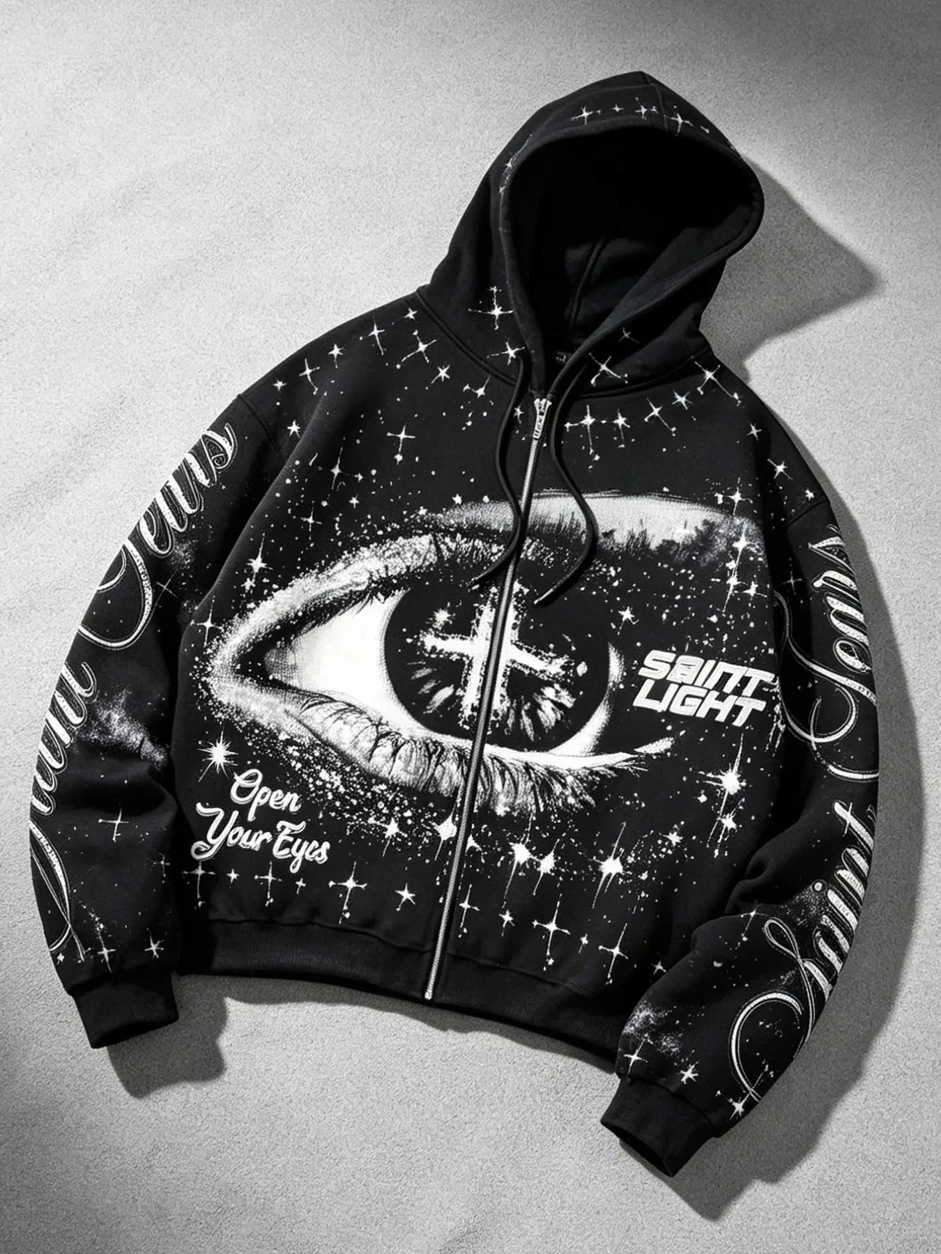 Popular eyes Y2K starry sky print zipper hoodie men's sweatshirt Saint Jesus Cross trendy brand Eye of Light Gothic style cardigan sweatshirt women's punk style jacket jacket men's fleece warm rock hip-hop sweatshirt daily street music festival