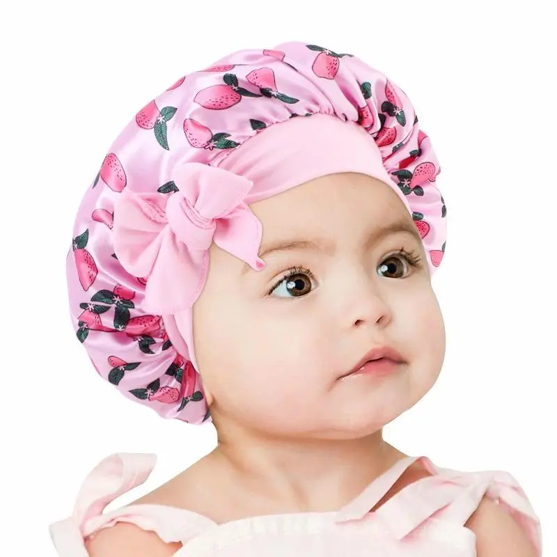 Girls' Satin Bonnet with Bow Accent - Unicorn & Fruit Print Toddler Headwrap, Elastic-Fit Polyester Sleep Cap for Hair Protection