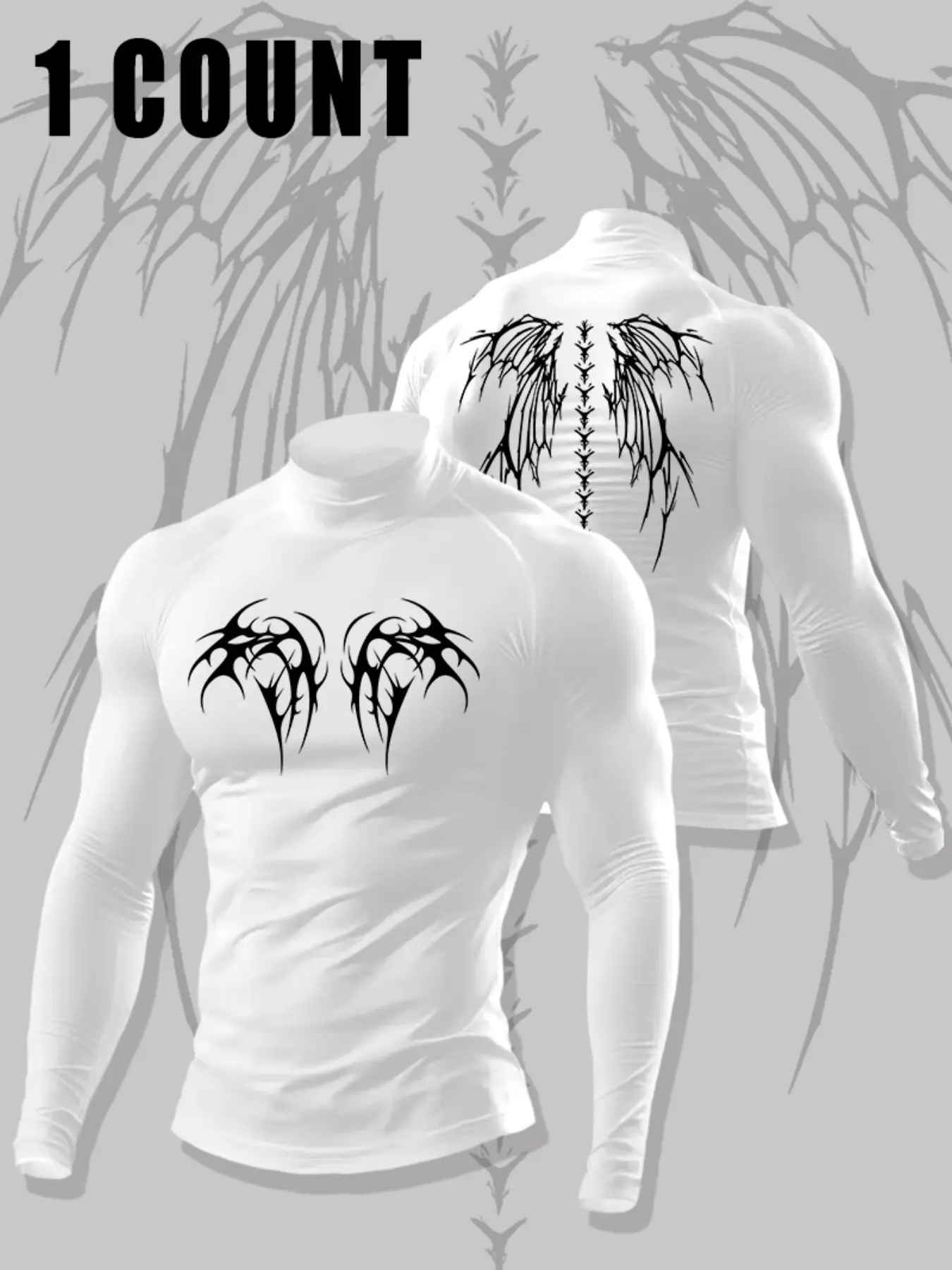Men's Gothic Thorn Demon Wing Front & Back Print Mock Neck Compression Muscle Shirts Long Sleeve Fitness Workout Shirt Muscle Fit Quick Dry Workout Base Layer Athletic Undershirt For Bodybuilding Training Daily Streetwear
