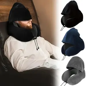 3-in-1 Hooded Travel Neck Pillow | Memory Foam U-Shaped Pillow with Eye Mask for Airplane & Office