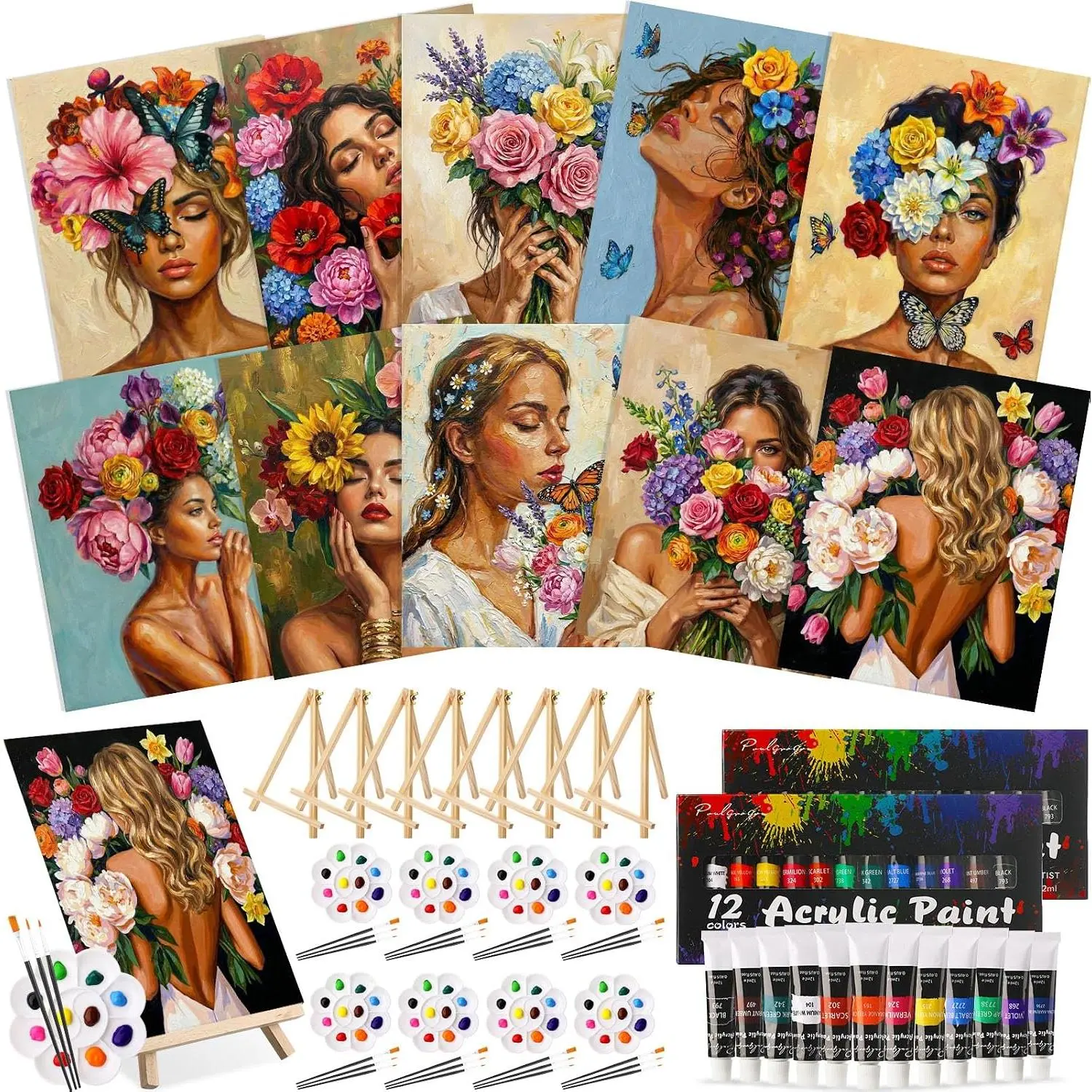 72 count Flower Woman  and Sip Kit for Adults 8'' x 10'' Pre Drawn Canvas for Painting DIY Pre Printed Canvas for Party Favor  Painting Kit  Easel Brushes Date Night Bulk