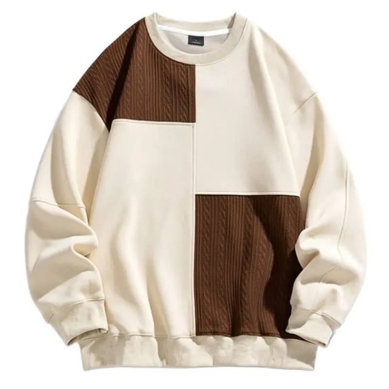 Men Crew Neck Color Block Patchwork Sweatshirt, Cable Knit Texture Splicing Design, Loose Oversized Fit Soft Thick Fabric Ribbed Cuffs & Hem, Fashion Versatile Daily Long Sleeve Casual Top # sohochic