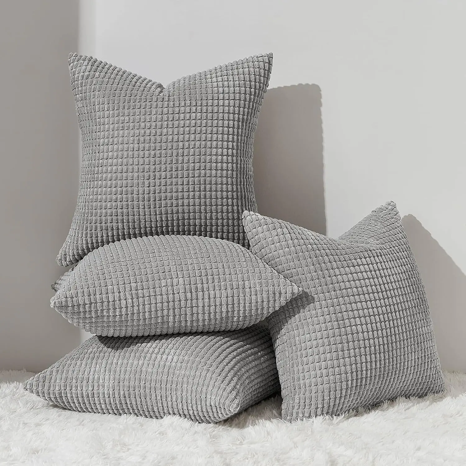 Pillow Covers 22x22 Inch Set of 4 Decorative LightGrey Soft Corduroy Boho Striped Throw Pillow Covers Patchwork Cushion Cute Home Decor for Couch Sofa Bed