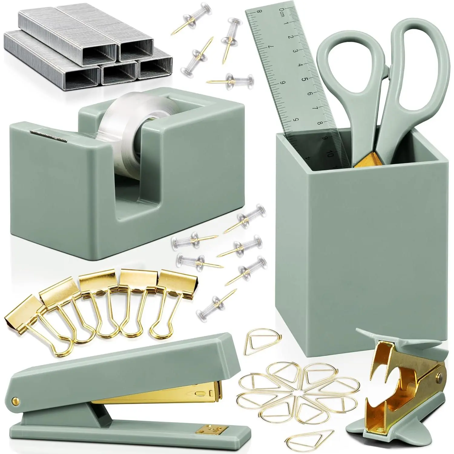 Aesthetic Office Accessories Set - Complete Desktop Organizer for Women, Includes Pen Holder, Stapler, Tape Dispenser & Binder Desk Supplies Organizers & Dispensers to Organize Office Decor