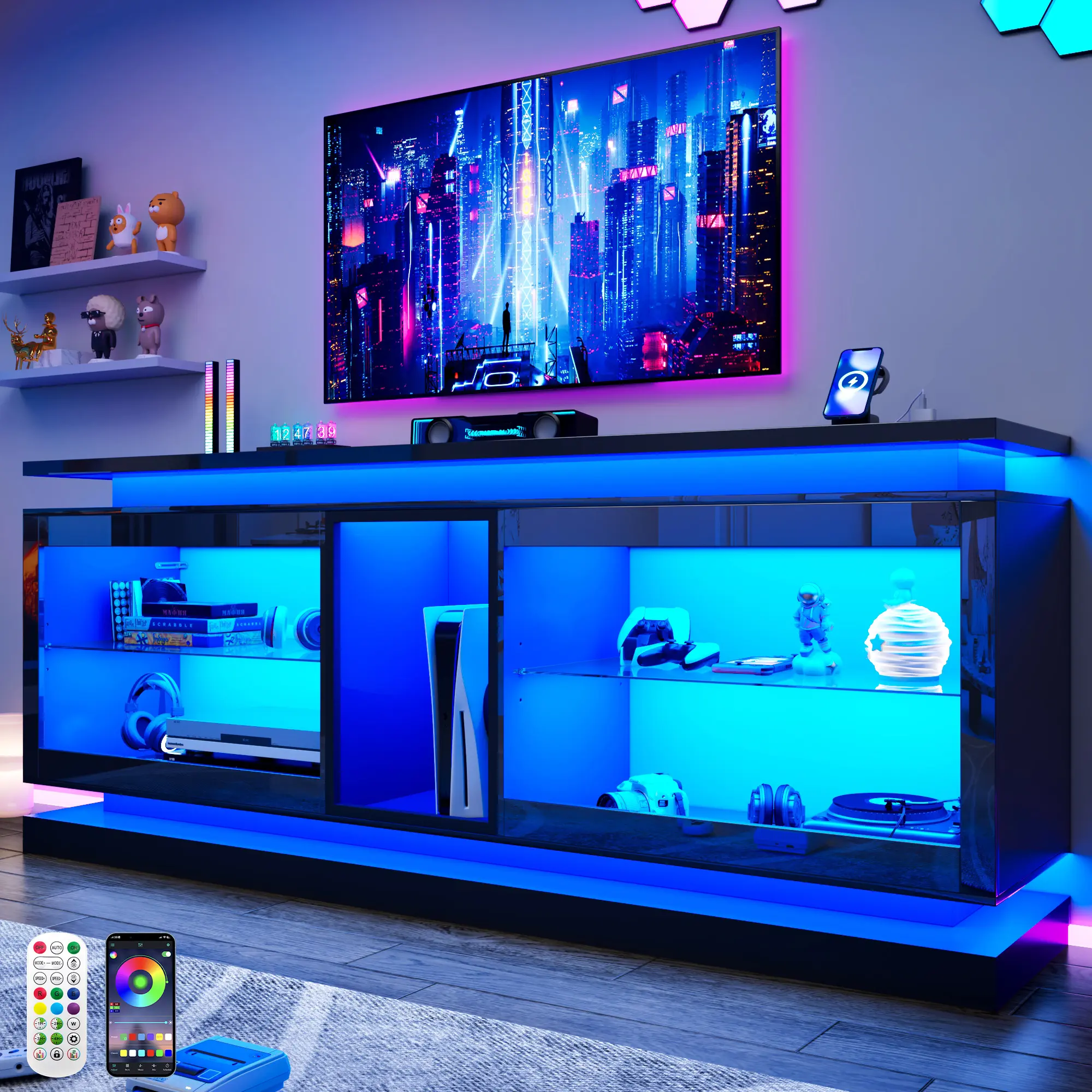 70"/80" TV Stand W/LED Lights&Power Outlets,High Gloss Entertainment Center W/Color-Changing RGB LED Strip/Sound Sync,App/Remote Control For 70 80 85 90IN TV,Media Console Table for Home Living Room(Black/White)