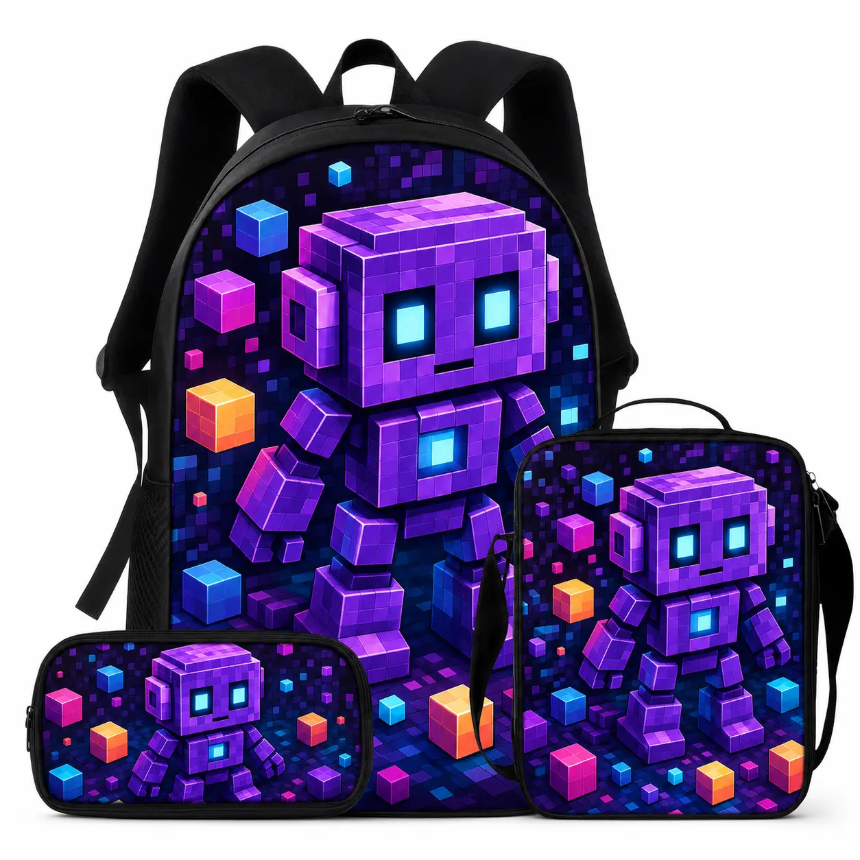 3PCS Kids Backpack Set, Purple Pixel Robot Print School Backpack with Lunch Bag and Pencil Case, Colorful Block Game Graphic Large Capacity Bookbag, Lightweight Travel Bag with Adjustable Shoulder Straps, Back to School Gift for Boys Girls