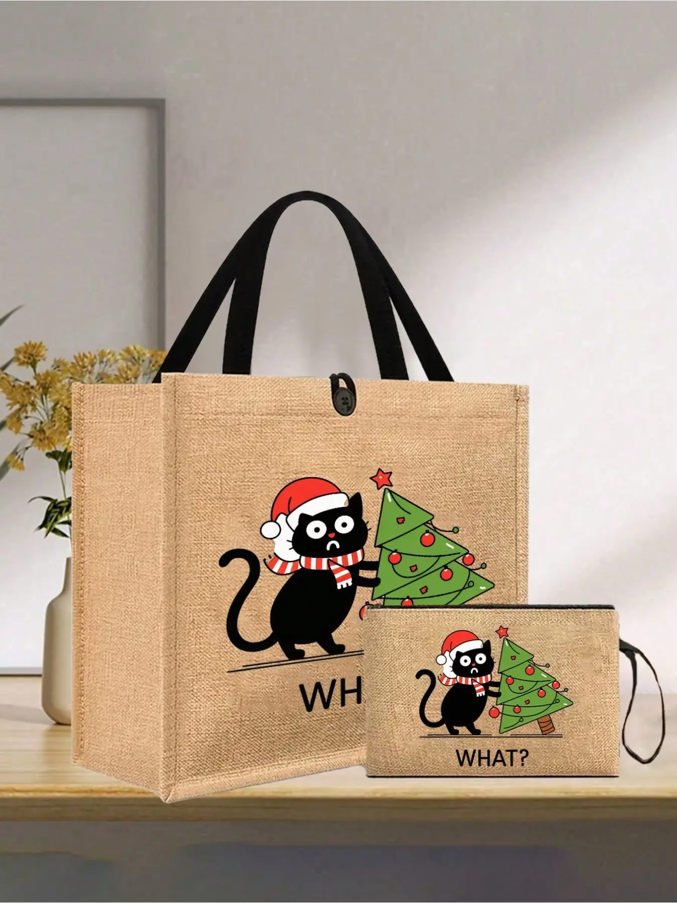 Christmas Tree and Cat Pattern Handbag Set, Fashion Shoulder Bag, Travel Wash Kit, Zippered Storage Pouch, Holiday Gift