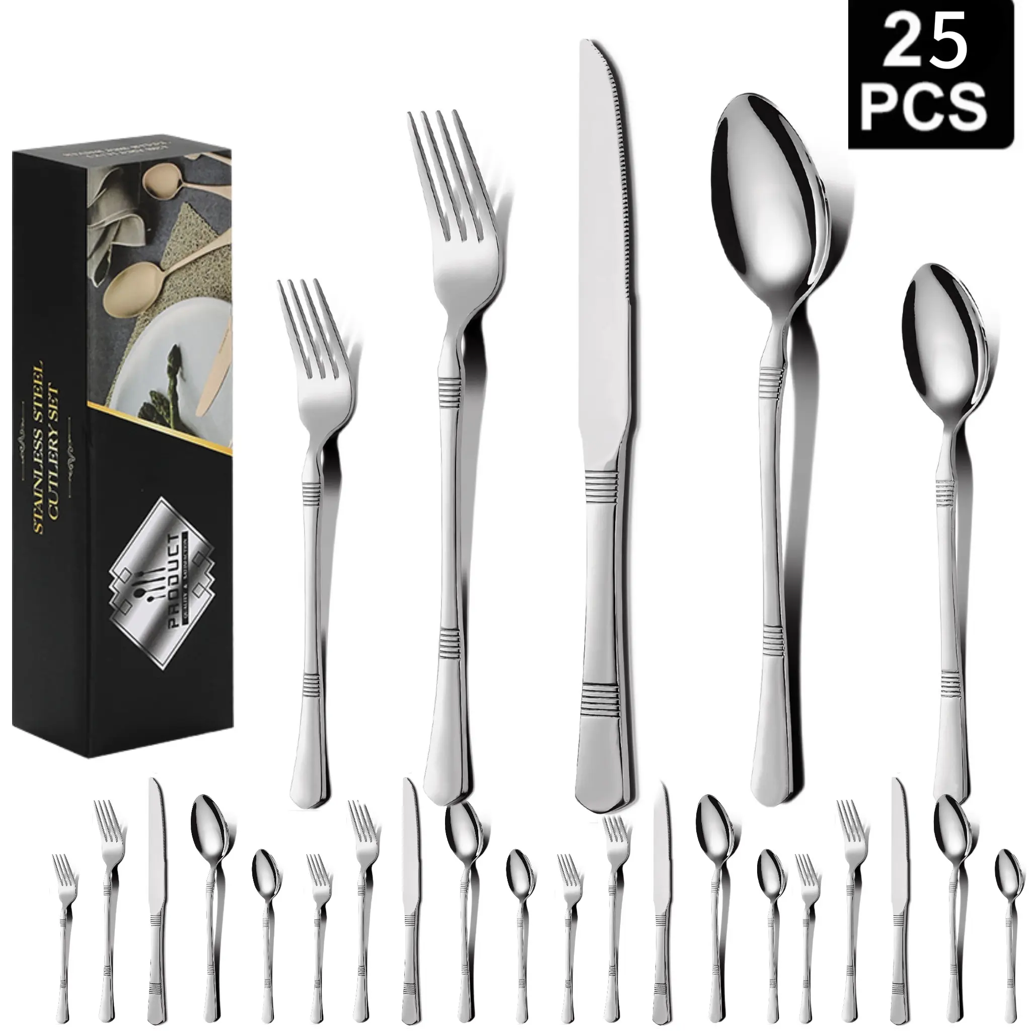 25-Piece Stainless Steel Cutlery Set, Steak Knife Fork Spoon, Ergonomic Handle Design, Durable Kitchen Utensils for Home and Restaurant