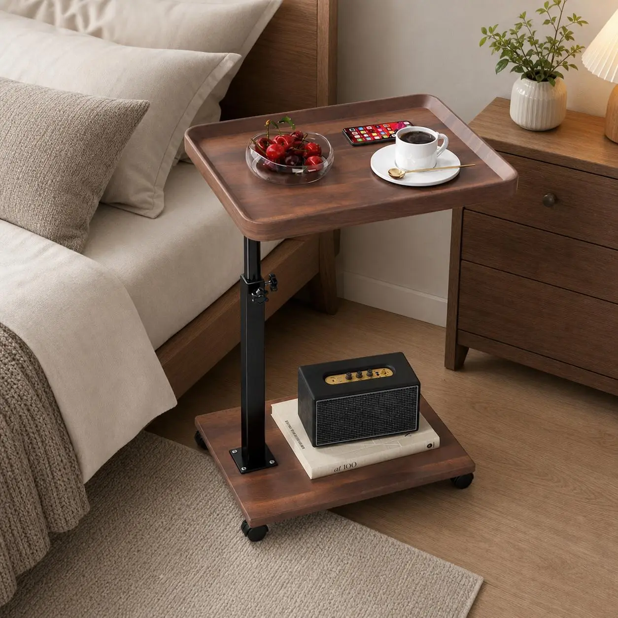 Adjustable Height C-Shaped Sofa Side Table with 360° Swivel Tray – Rolling Metal End Table, Waterproof & Mark Resistant – Space-Saving Design for Living Room, Bedroom, Small Spaces