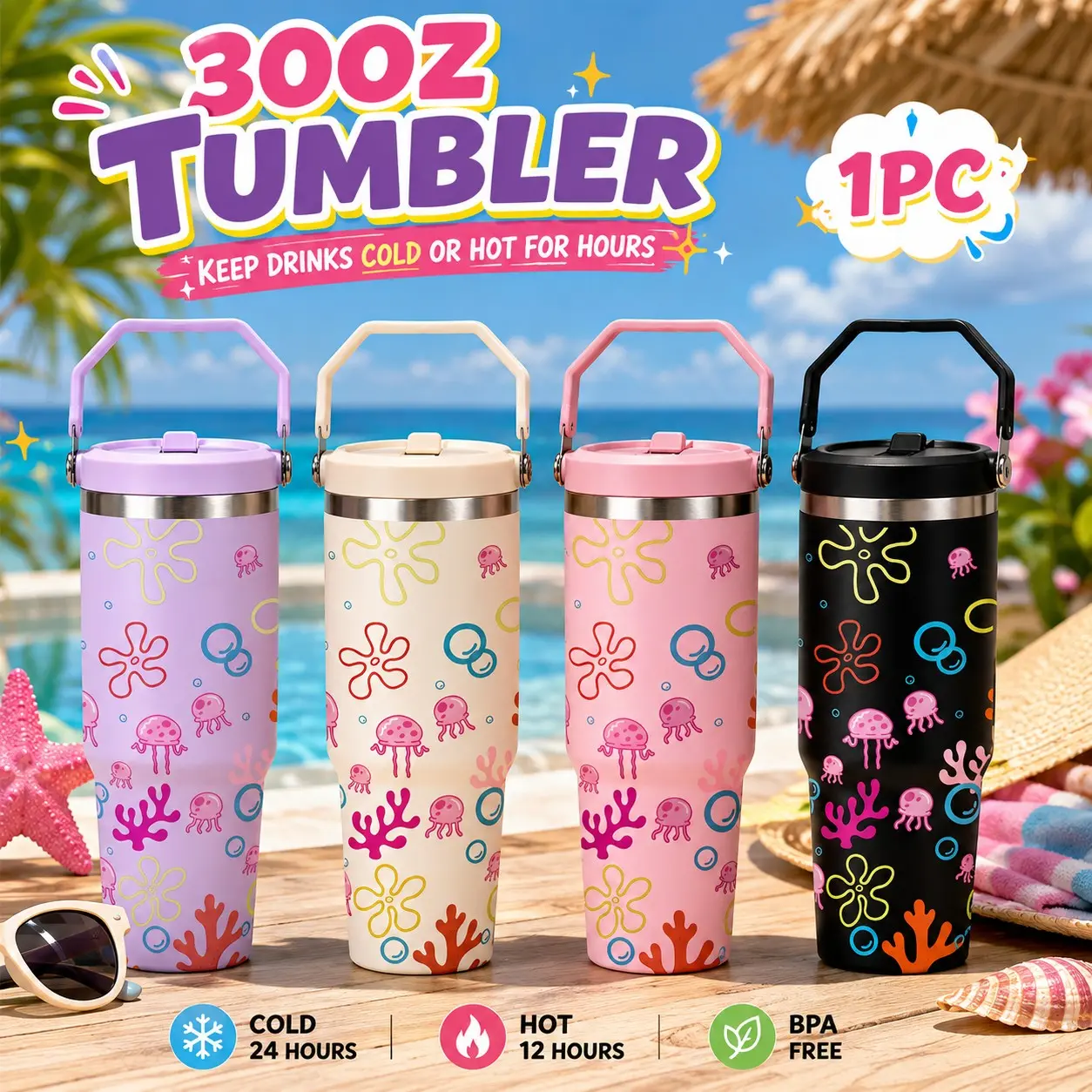 1 Pc 30oz Cute Jellyfish Tumbler with Handle, Double Wall Insulated Stainless Steel Travel Mug, Leakproof Flip Lid, Ocean Sea Life Graphic Coffee Cup, Insulated Drinkware, Keeps Drinks Hot & Cold, Perfect Gift for Summer, Beach, Christmas
