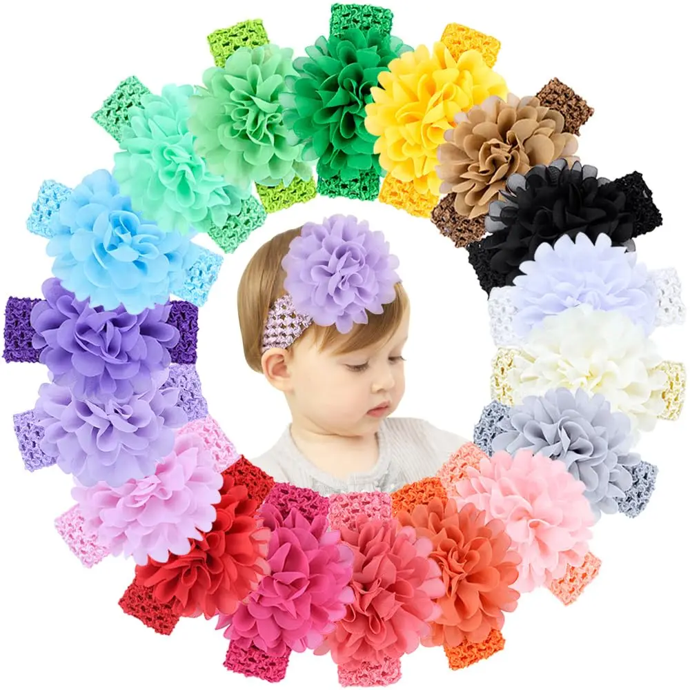 Baby Girls' 18pcs Chiffon Flower Soft Stretchy Elastic Hair Bands - Flowers, All Seasons, Baby Colors Headpieces, Crowns & Headbands, Mesh Multi-Colored Band, One Size for Newborns-Toddlers