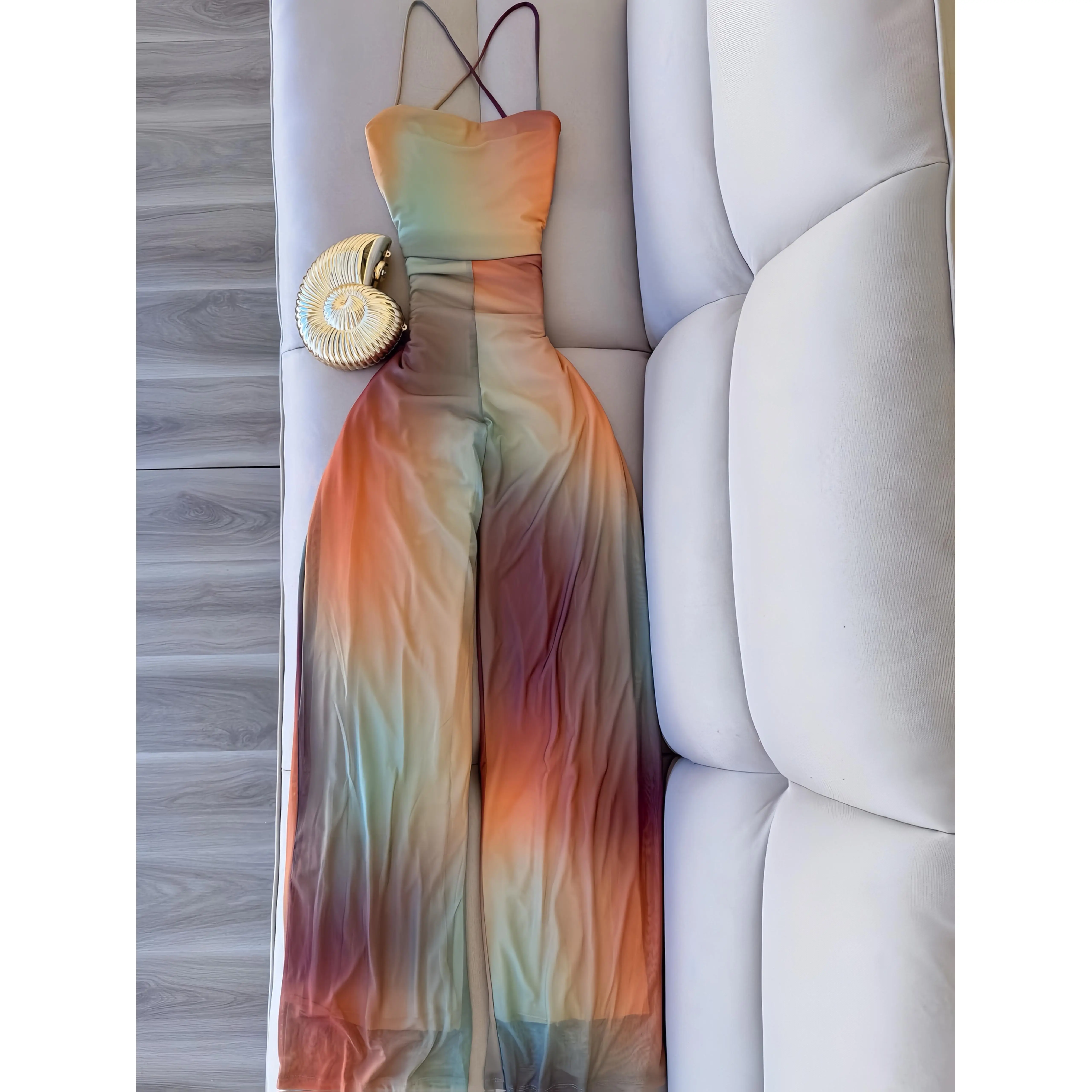 Colorful Halter Neck Jumpsuit for Women, Knitted Backless Ombre Design with Tie-Back for Vacation Beachwear, 100% Polyester, Halter Strap Jumpsuits & Rompers, Knitted Backless Jumpsuits & Rompers, Fitted Halter Neck Jumpsuits & Rompers