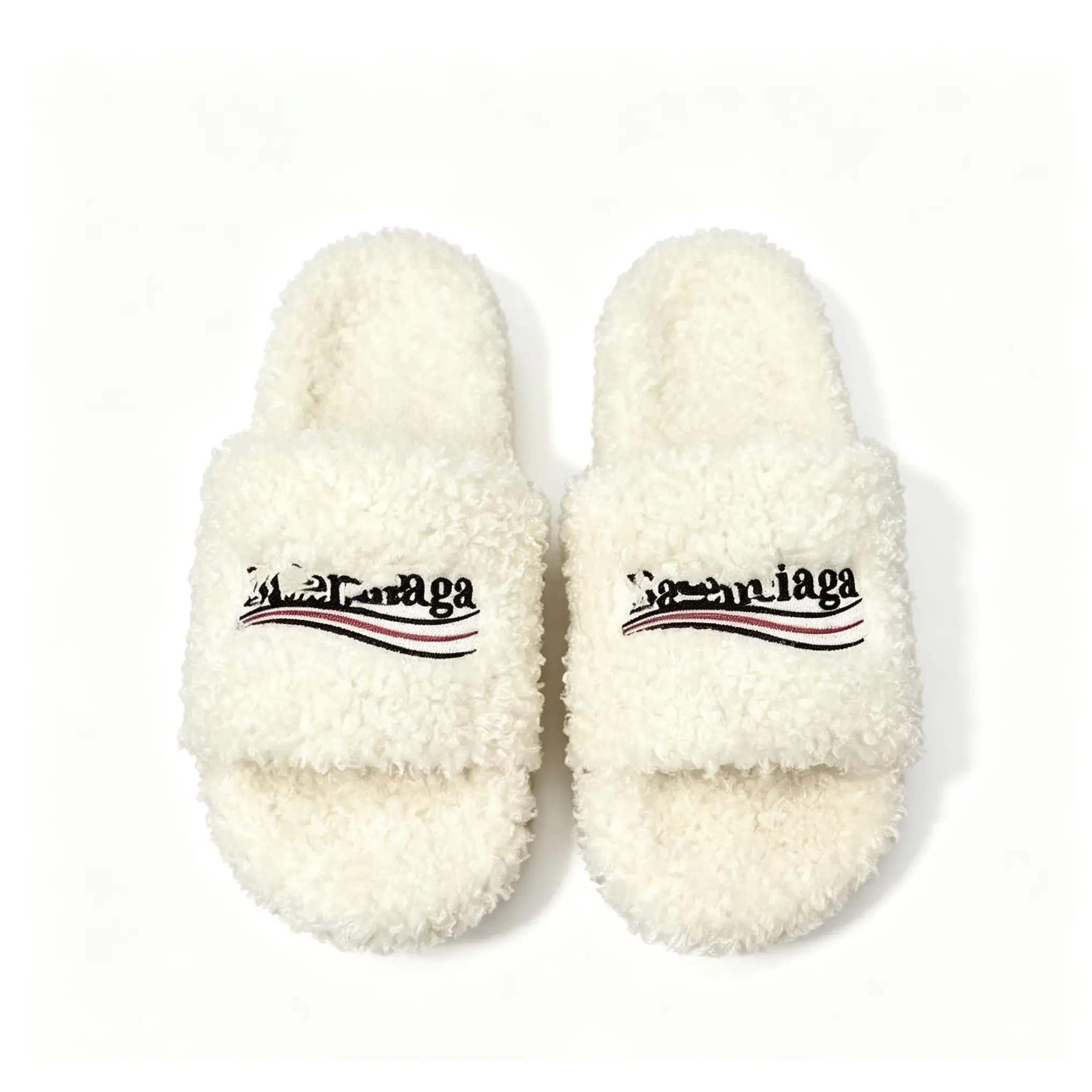 Womens Fluffy Fuzzy OpenToe Slide Slippers, Embroidered Stripe Detail Plush House Slides, Cozy Soft Furry Platform Slippers for Indoor & Outdoor Casual Loungewear