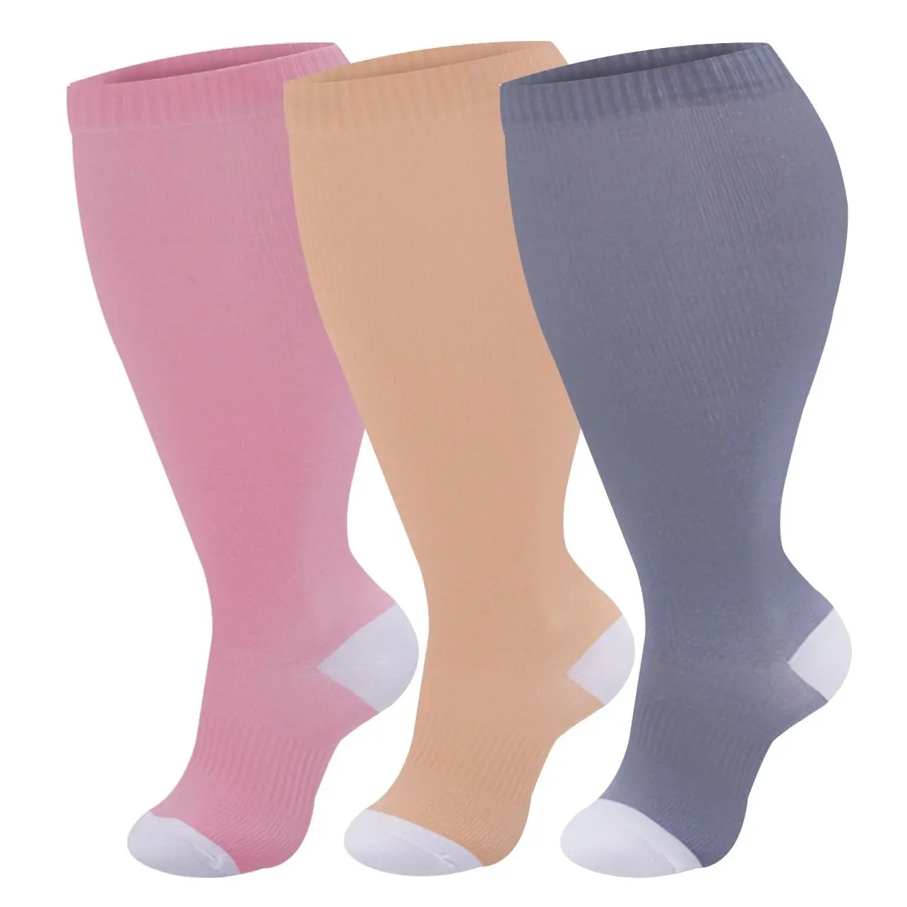 Wide Calf Compression Socks for Women, 3 Pairs Multi-Color Plus Size Nylon Knit for Swelling Relief and Active Wear, Compression Socks Women
