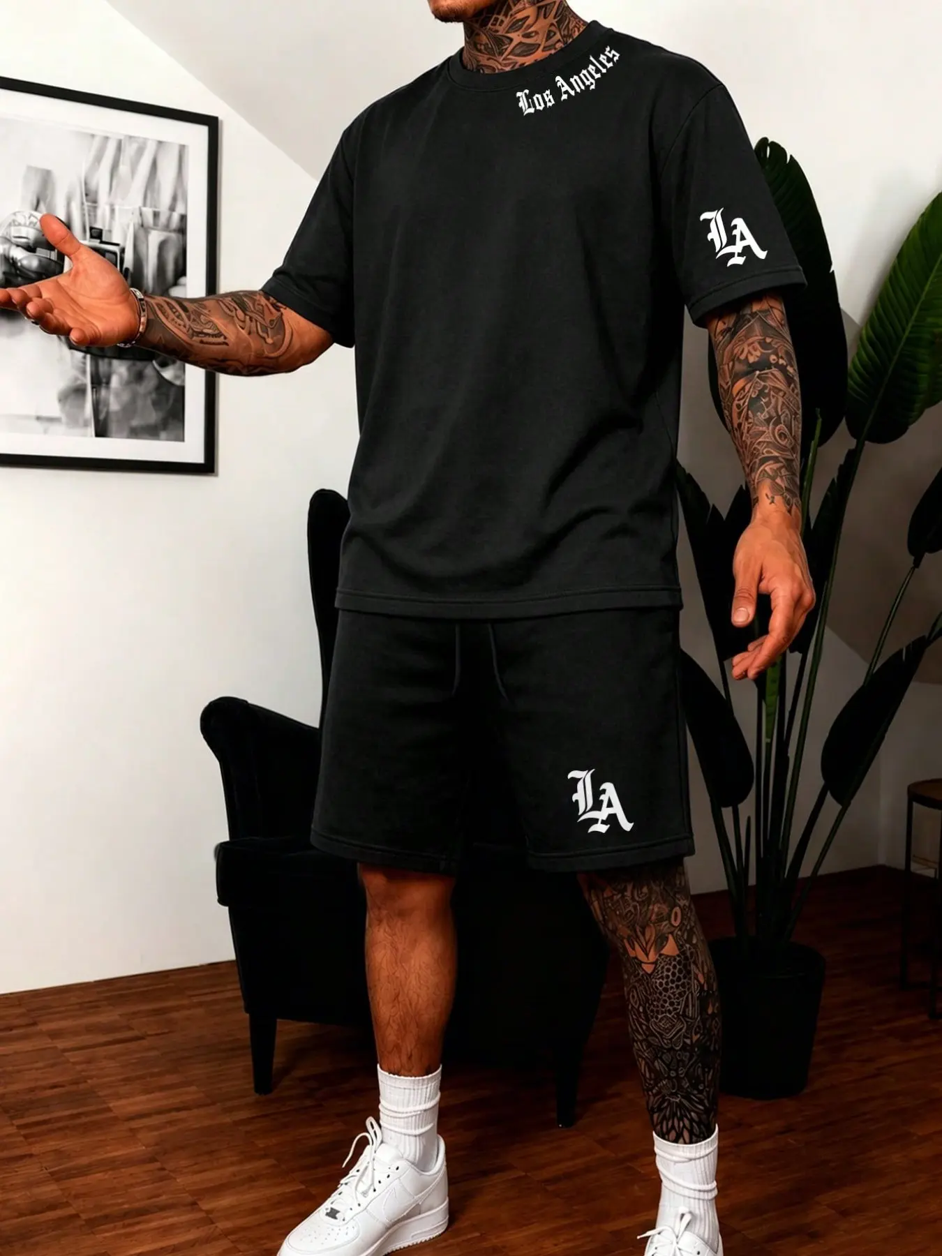 Men's La Letter Short Sleeve T-Shirt and Shorts Set, Solid Color Round Neck Tee with Drawstring Shorts, Casual Daily Wear