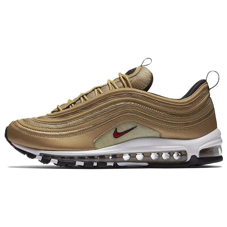 Nike Air Max 97 Gold Bullet Women’s Retro Running Shoes – Leather Upper, Cushioned Comfort, Low-Top Design Verifiable, with credentials and supporting global authentication