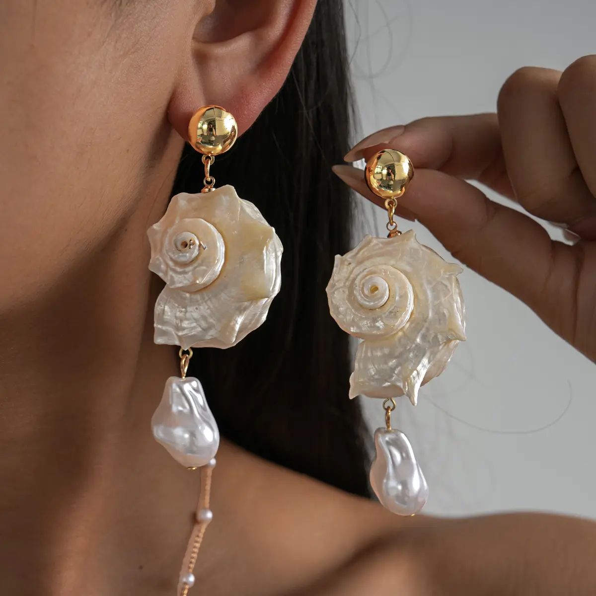 DOUX Women's Natural Shell Pearl & Baroque Drop Earrings - Gold-Tone, Natural Look Costume Jewelry Statement Earrings