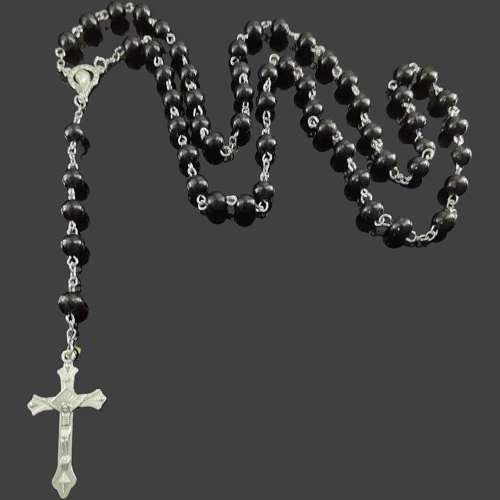 Vintage Style Rosary Bead Cross Necklace for Women, Handmade with Artificial Pearls and Casting Metal Christian Pendant, Bead Cross Necklaces, Casting Metal Necklaces