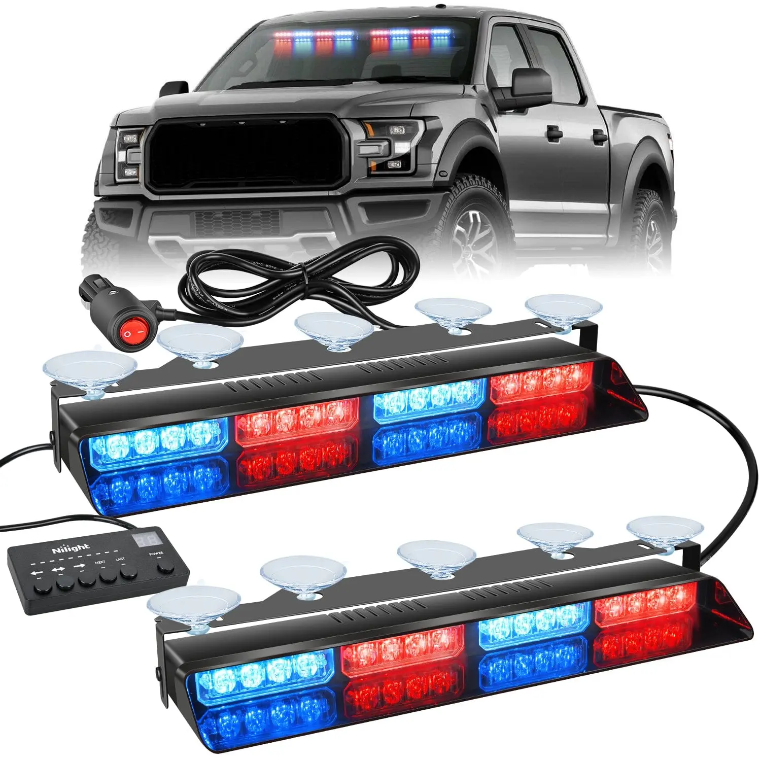 Nilight 32LED Red Blue Suction Cups Dash Strobe Lights