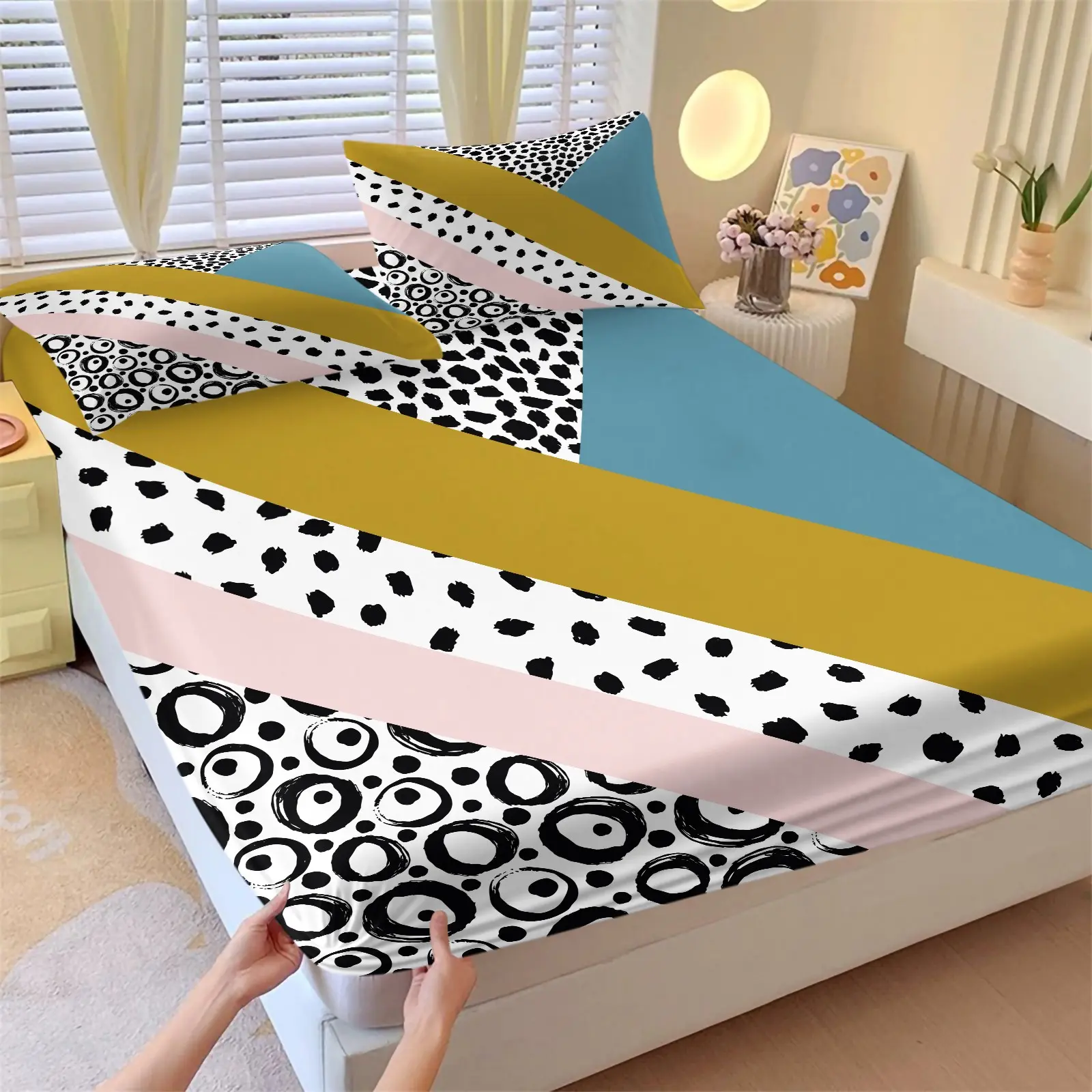 Ins Style Patchwork Dot Fitted Sheet Set, 1 Fitted Sheet & 2 Pillowcase No Filling, Modern Color Block Bed Sheet Set, Aesthetic Trendy Bedding Set for Teenage Girls Apartment Bedroom Decoration