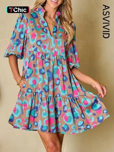women's all over print frill trim ruffle hem smock dress, elegant lantern sleeve notched neck dress for spring & fall, women's clothing for daily wear