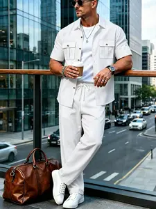 High-Quality Men's Linen Breathable Casual Set, Short Sleeve Work Shirt + Elastic Waist Long Pants, Summer Lightweight