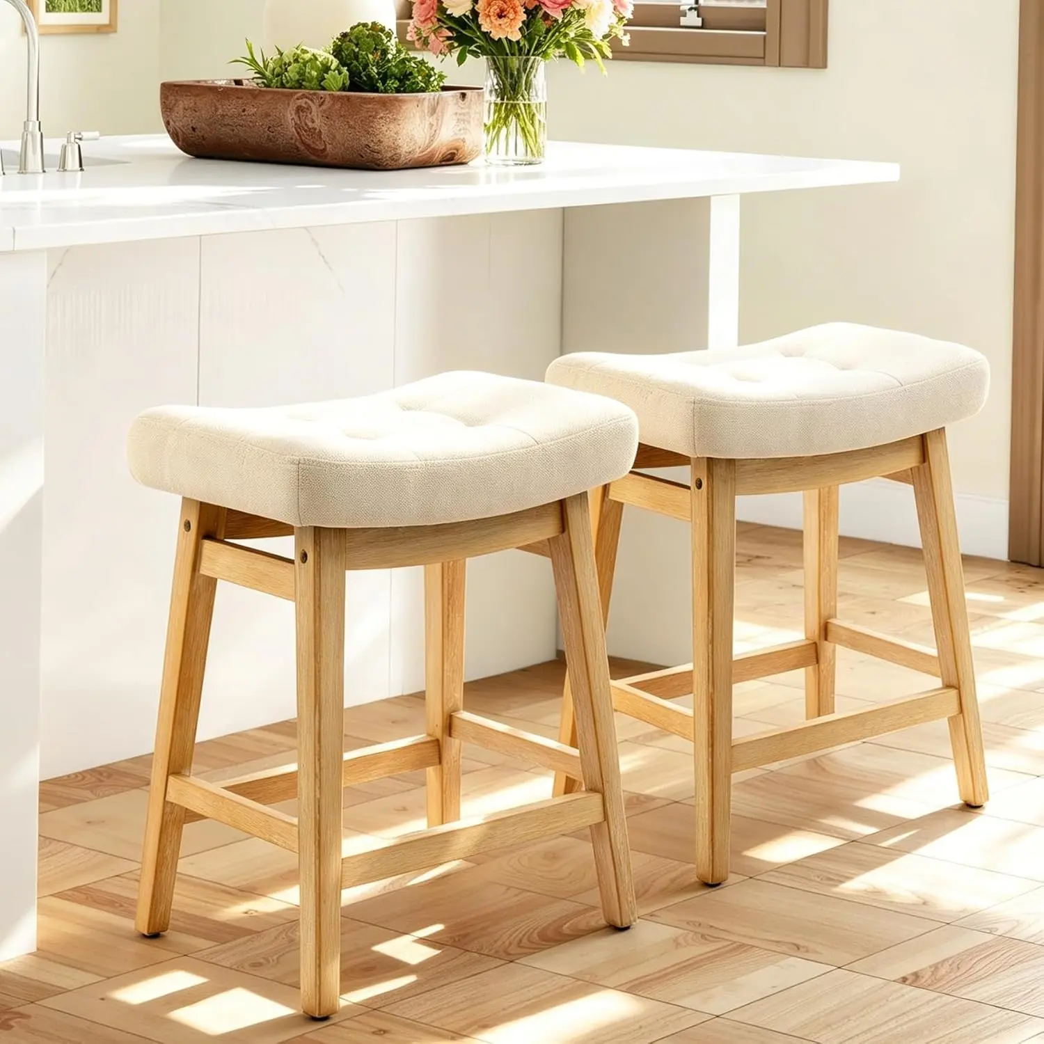 FREKEN 24-Inch Backless Counter Height Bar Stools (Set of 1/2/3), Khaki Farmhouse Kitchen Island Chairs with Padded Fabric Saddle Seat & Solid Wood Legs, Modern Indoor Home Bar Furniture