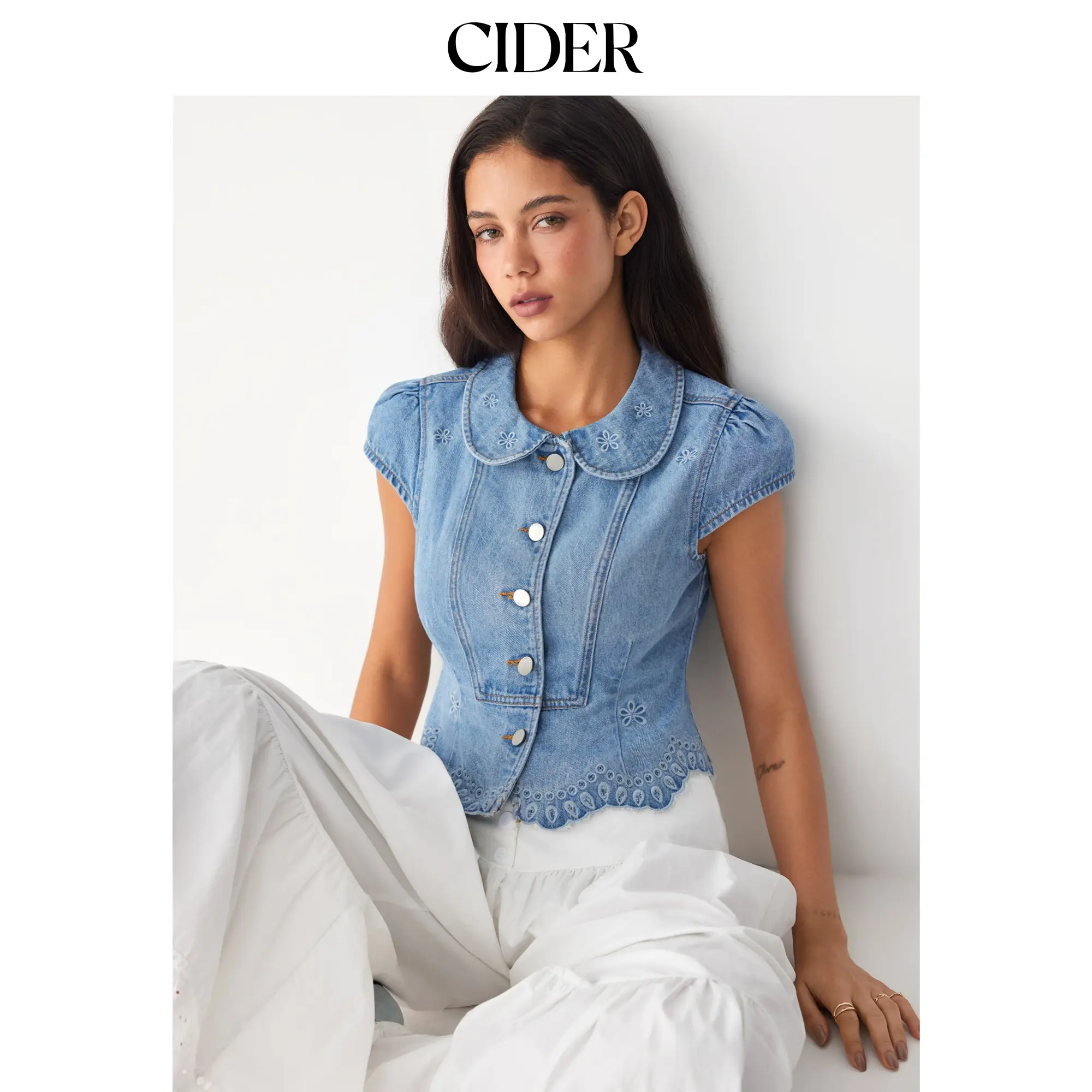 Cider Denim Floral Graphic Peter Pan Collar Puff Sleeve Embroidery Blouse