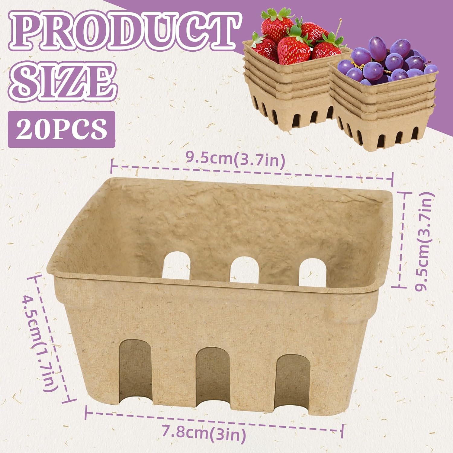 20 Pack  Pulp Fiber Berry Basket, Small Farmers Market Display Produce Baskets, Vented Berry Container for Strawberry Blueberry Raspberry Egg Fruit Vegetable, Grocery Store Supplies