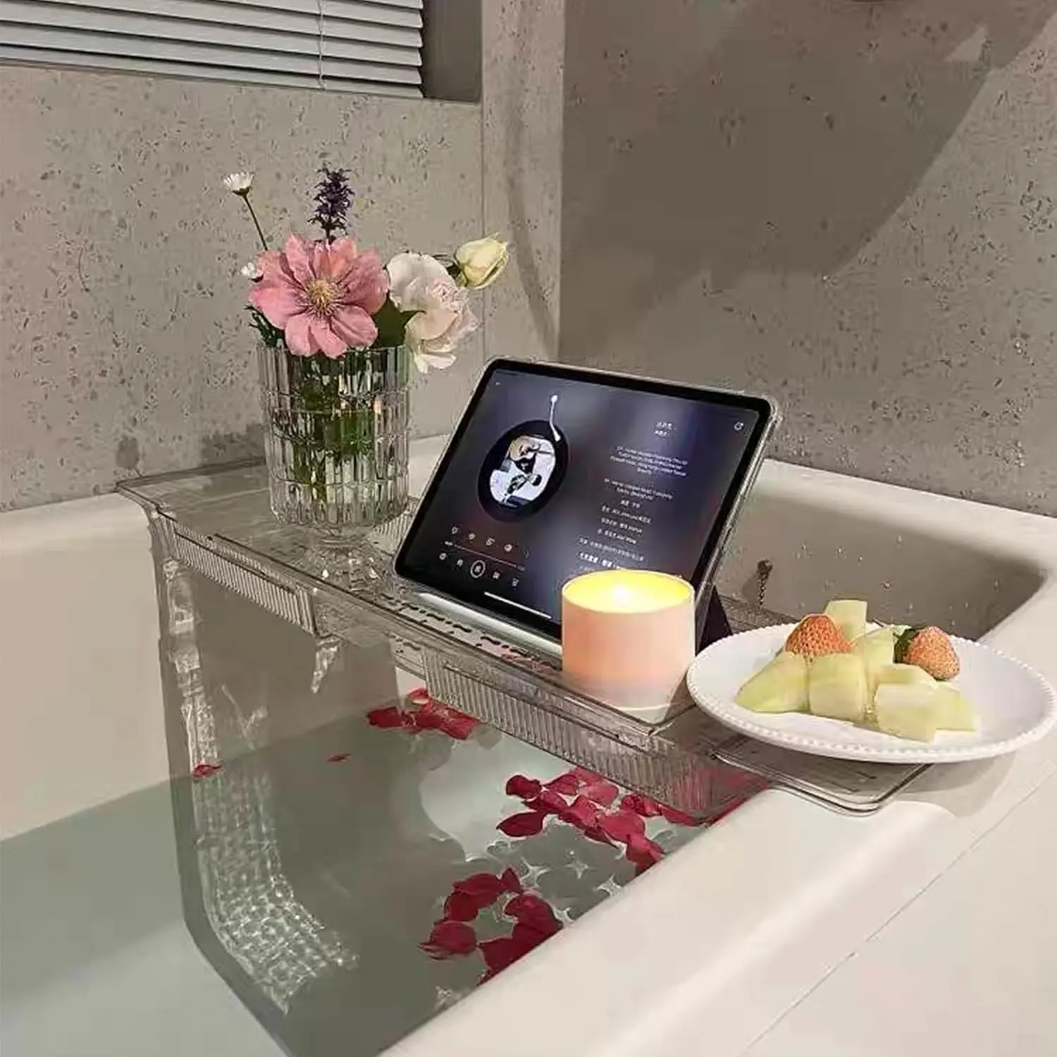 Expandable Bath Tray with Wine and Book Holder - Clear Acrylic Bathtub Caddy Shelf - Plastic Board Gift for Women