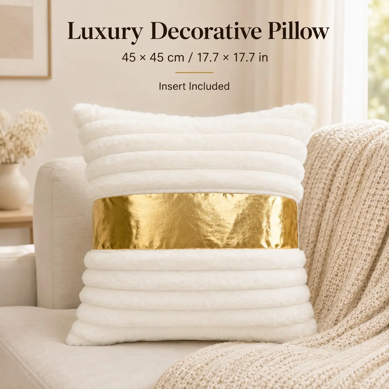 Plush Pillow, 45x45cm Luxury Square Cushion with Insert, Living Room Sofa Bedroom Home Decor, Home Decorative Cushion, Casual Style, All Seasons