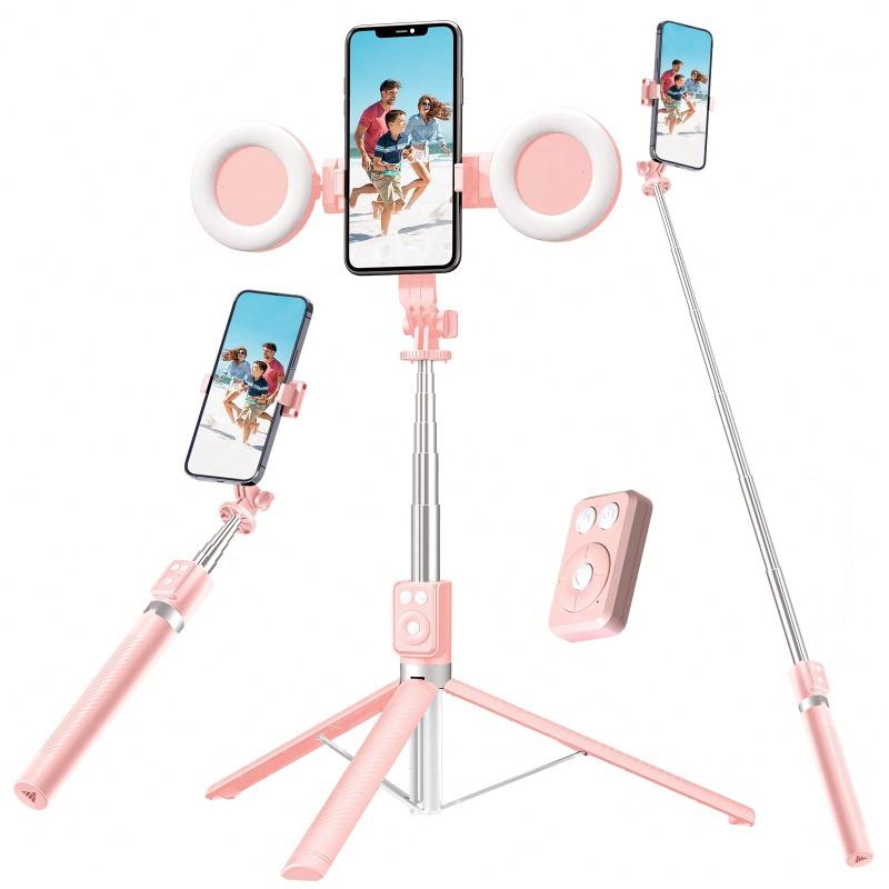 Retractable Phone Tripod with Dual Beauty Fill Lights, Portable Selfie Stick with BT Remote Control for Live Streaming, Phone Accessories, Selfie Stand