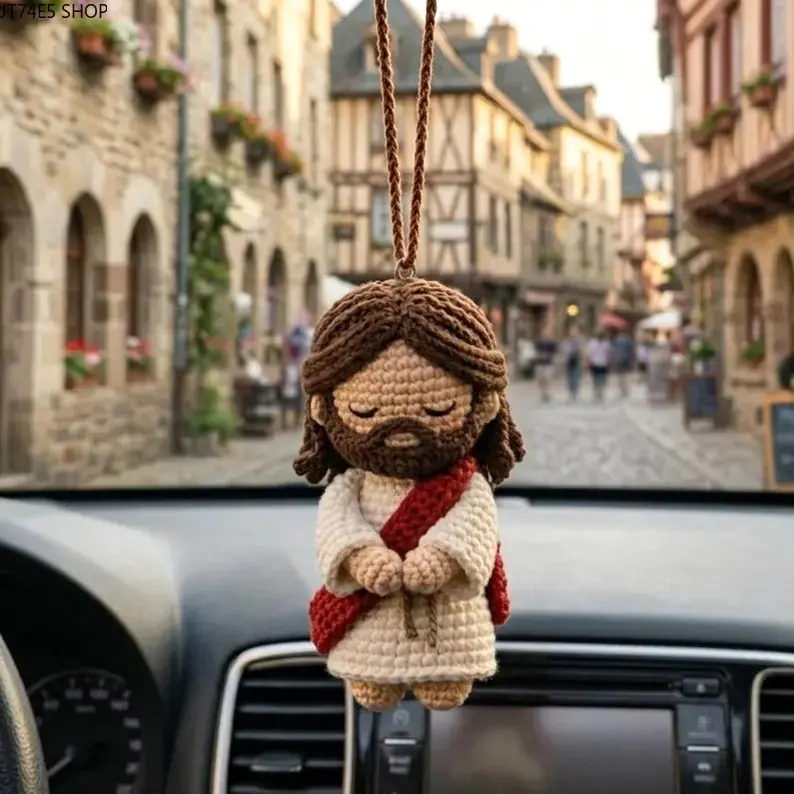 Handmade Crocheted Wool Car Pendant, Cute Curly-Haired Faith Doll, Aesthetic Auto Interior Accessories for Car Rearview Mirrors, Car Interior Decorative