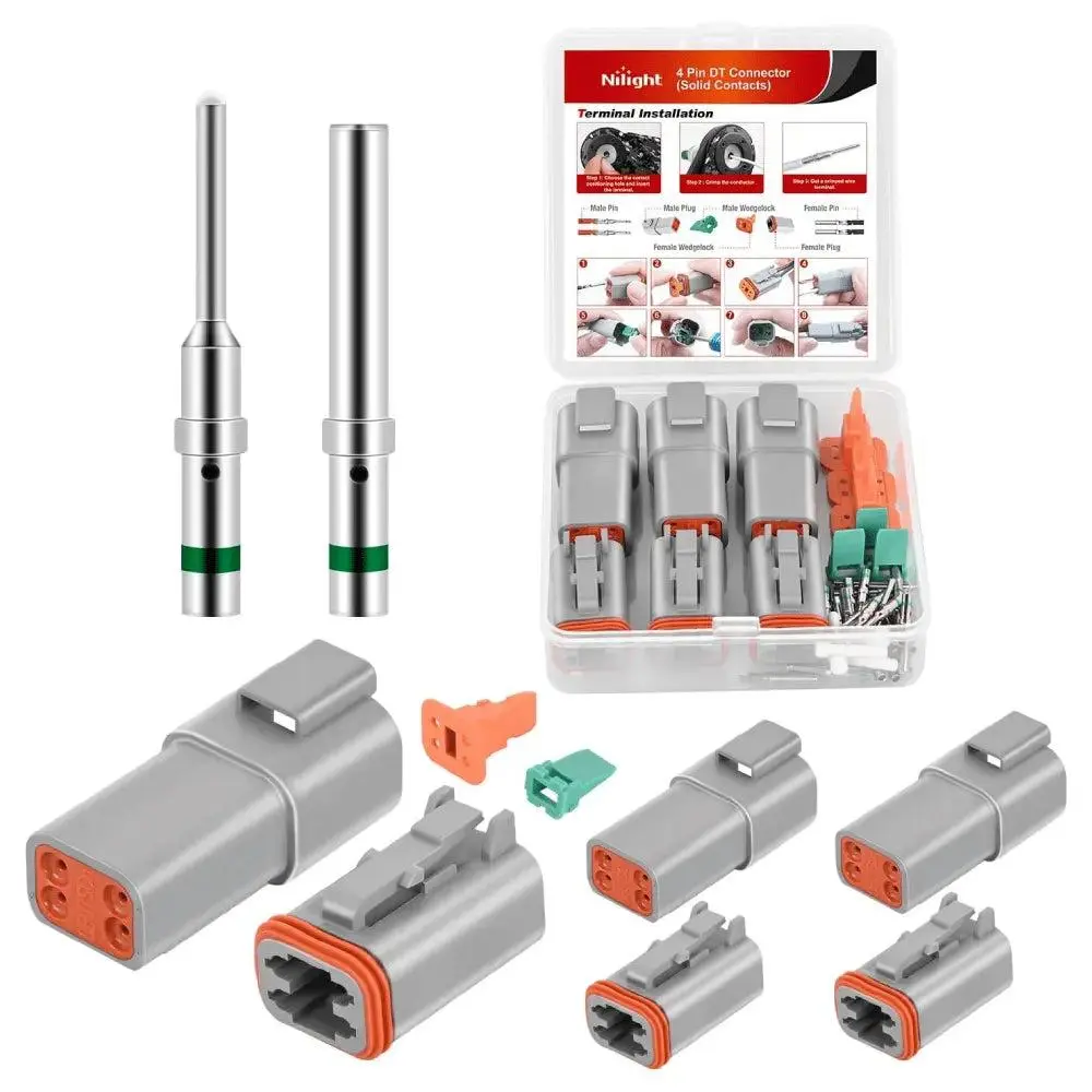 Nilight 4-PIN DT Connector Kit, 3 Sets Size 16 Solid Contacts Waterproof Male-Female Terminal Receptacle for 14-20 AWG DT Series Connectors, Ideal for Truck, DIY Projects, 13 A Racing Use