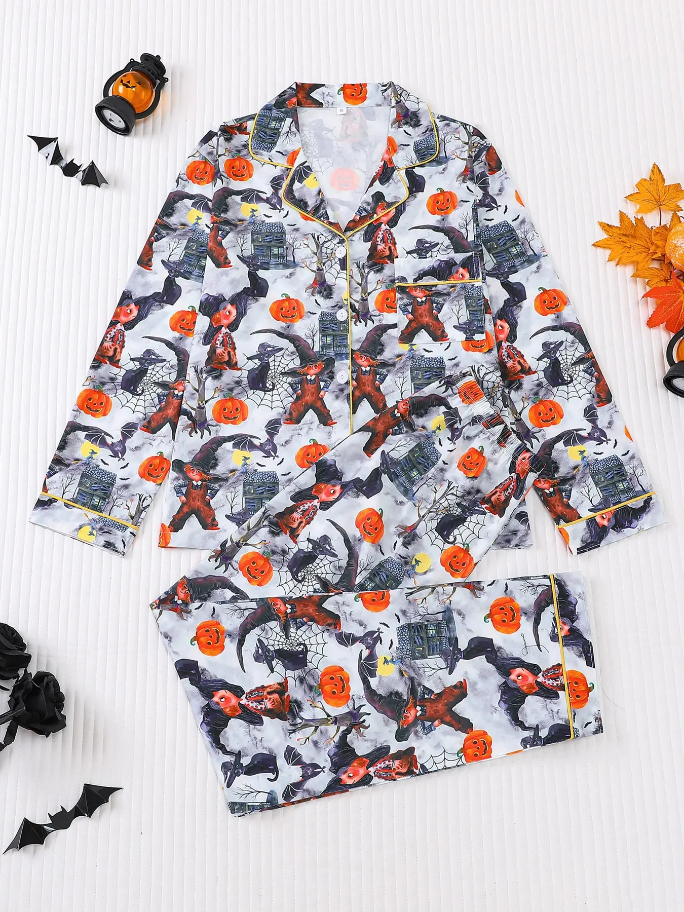 Women's 2-piece pajama set, Pajamas Lounge Set, light gray watercolor base with flying witches, jack-o'-lanterns, bats, spider webs print, retro Halloween vibe. Light gold piping lapel top with pocket, soft elastic long pants, women loungewear