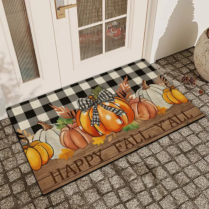 1 Pc Thanksgiving Pumpkin Checkered Door Mat With Linen Surface Diatomaceous Earth Anti Slip And Absorbent Indoor And Outdoor Printed Door Mat Holiday Home Decoration