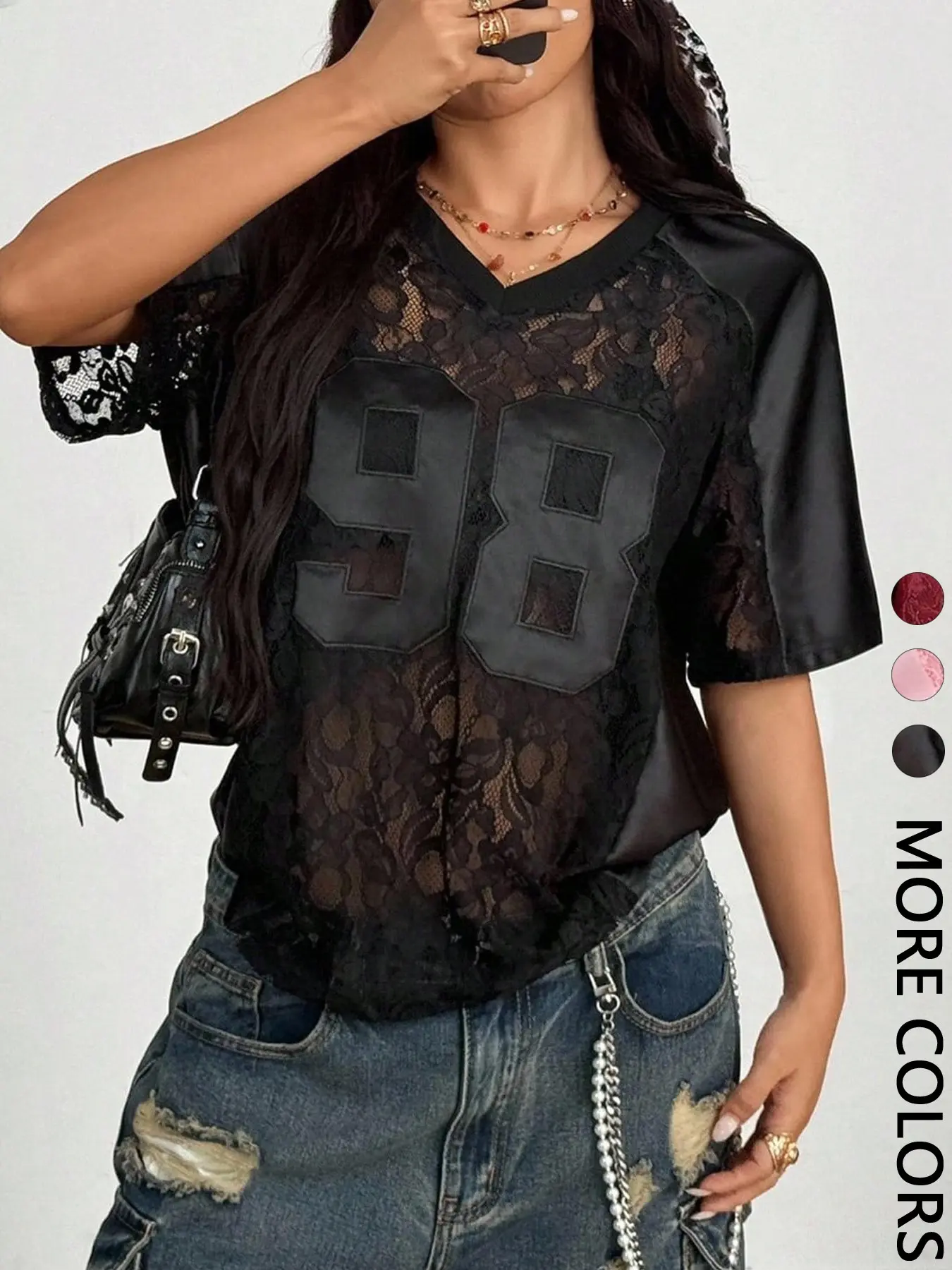 Vintage Edgy Asymmetrical Neck Sheer Lace Casual Tee for Women, Y2K Streetwear