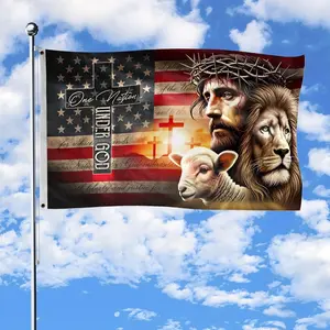 Premium "One Nation Under God" Flag, Jesus Lion Lamb & American Flag Design, 2x3ft & 3x5ft Weather-Resistant Banner for Outdoor Yard & Religious Patriotic Events