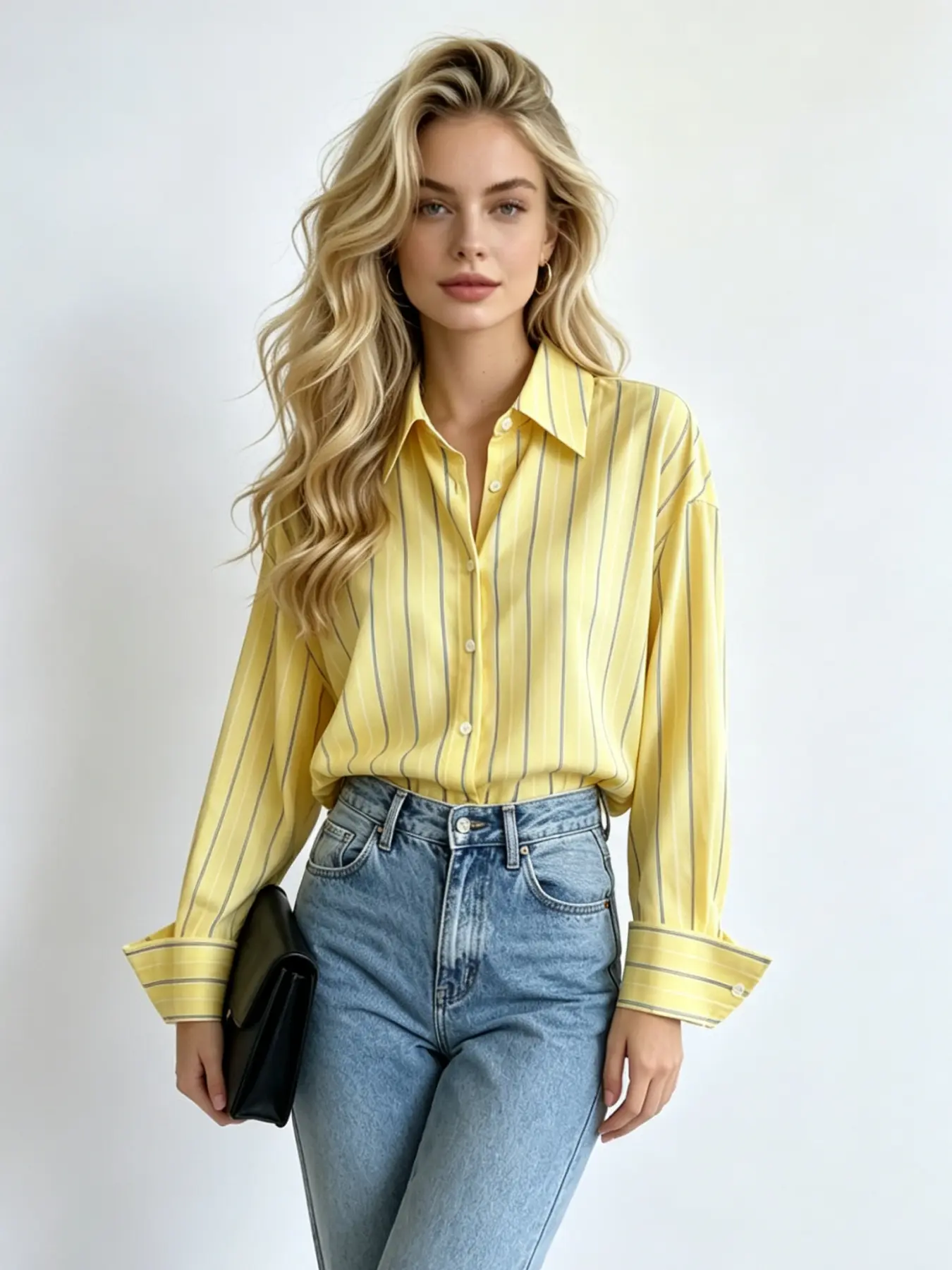 A women's fashionable yellow striped minimalist style Long Sleeve shirt Blouse with a refreshing color scheme and a hanging fabric that is comfortable and breathable, suitable for commuting, playing, indoor and outdoor wear