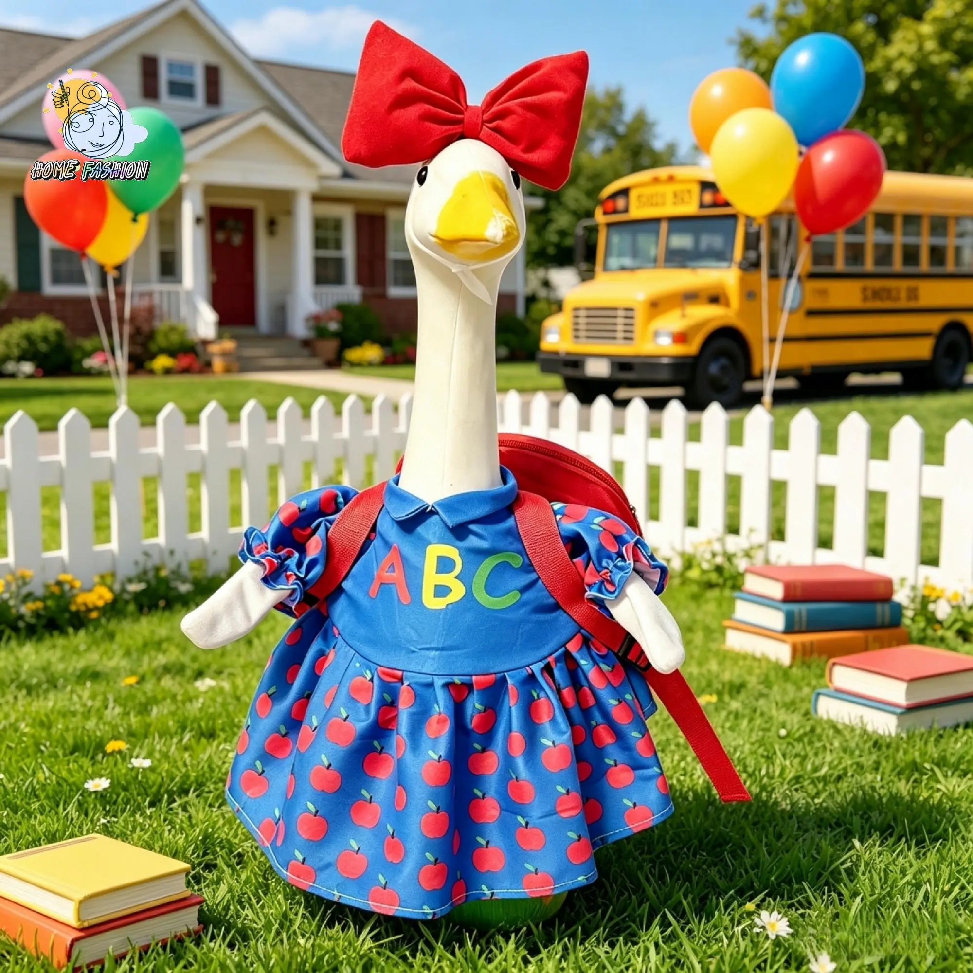 Back To School Porch Goose Outfit, 23Inch Goose Clothes, Letter Apple Print Dress Backpack and Bow Headband 3 Pcs Set
