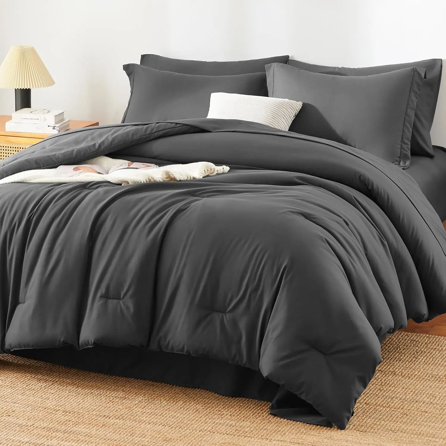 Full Size Comforter Sets - 7 Pieces Bed in a Bag Full, Luxury Comforter Set with Sheets for All Season, Bed Set with Comforter, Flat Sheet, Fitted Sheet, Pillowcases & Shams, Dark Grey
