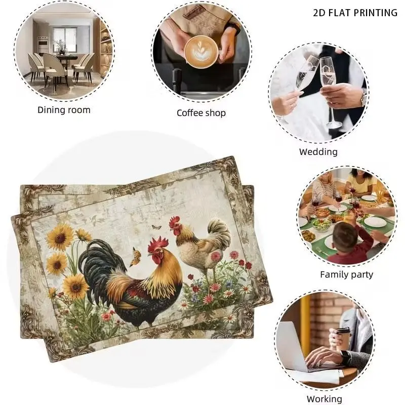 2D flat printing, 2-piece/4-piece 6-piece set, farmhouse rooster table mat, retro country chicken and daisy flower design, linen table placemats, suitable for kitchen, indoor and outdoor dining, size 12x18 inches, machine washable