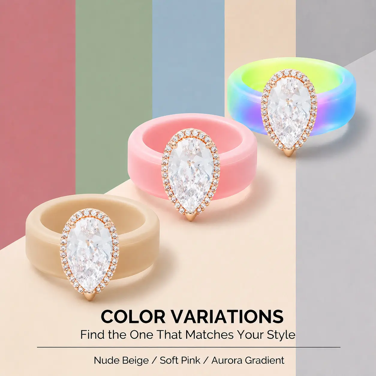 Women's Silicone Ring with Large Teardrop Rhinestone, Adjustable Elastic Band, Low Allergy Wedding Ring, Comfortable Fit, Sizes 6-10, Statement Wedding Ring, Bridal Ring